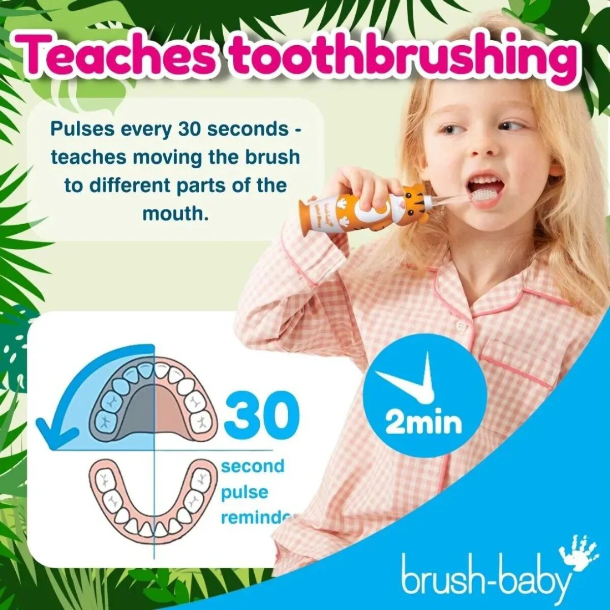 Un bambino si lava i denti con uno spazzolino a tigre e delle infografiche.