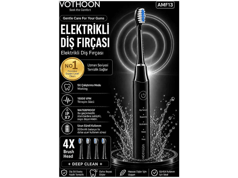 EVIMDEYOKYOK 15000 VPM Titreşim Gücü 500mAh Batarya 5 Temizlik Modu Şarjlı Diş Fırçası Siyah