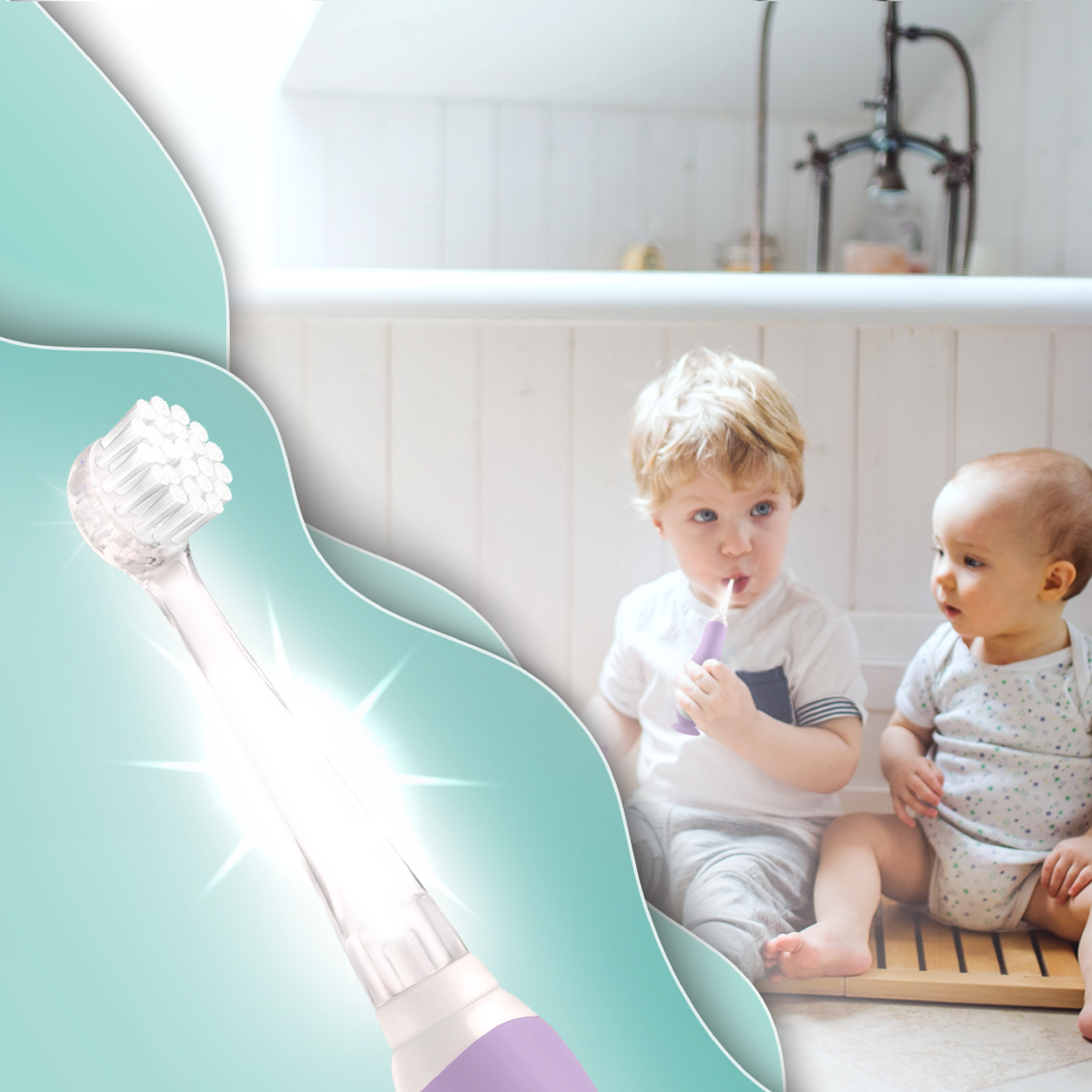 Eine leuchtende elektrische Zahnbürste im Vordergrund; im Hintergrund zwei kleine Kinder im Badezimmer.