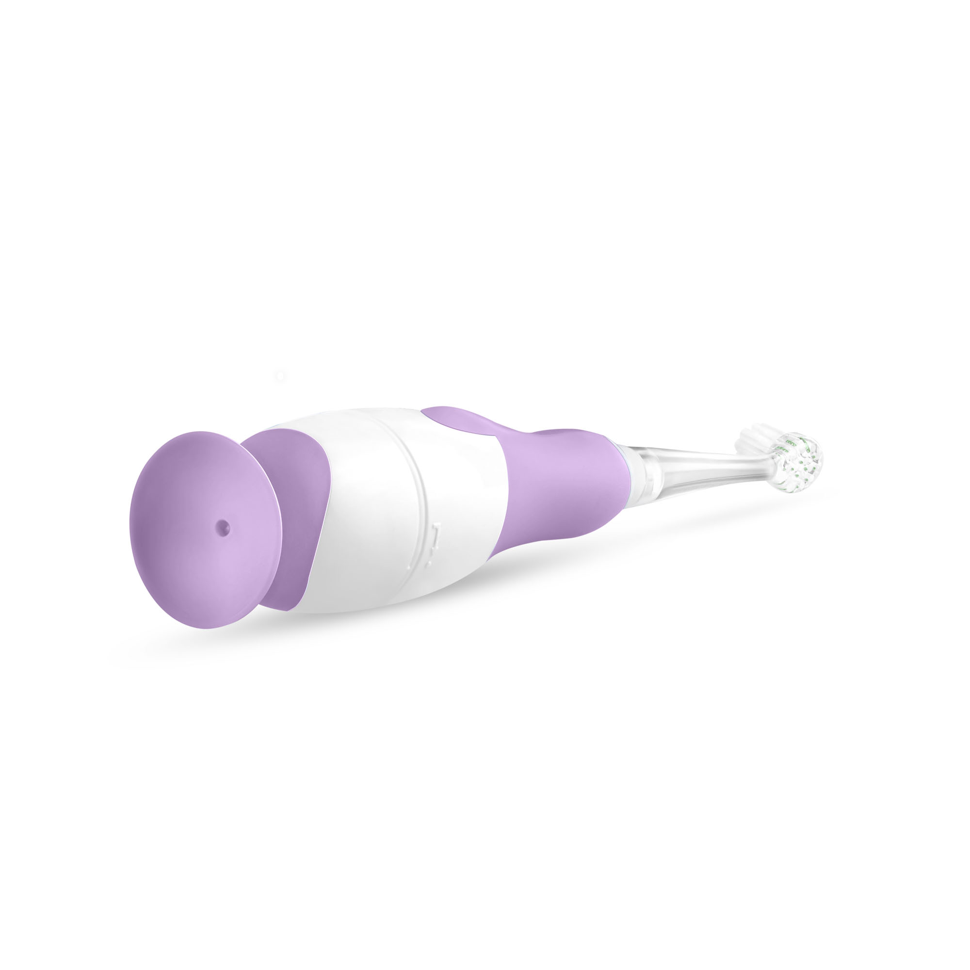 Eine weiß-violette elektrische Zahnbürste mit Saugnapffuß liegt waagerecht auf weißem Hintergrund.