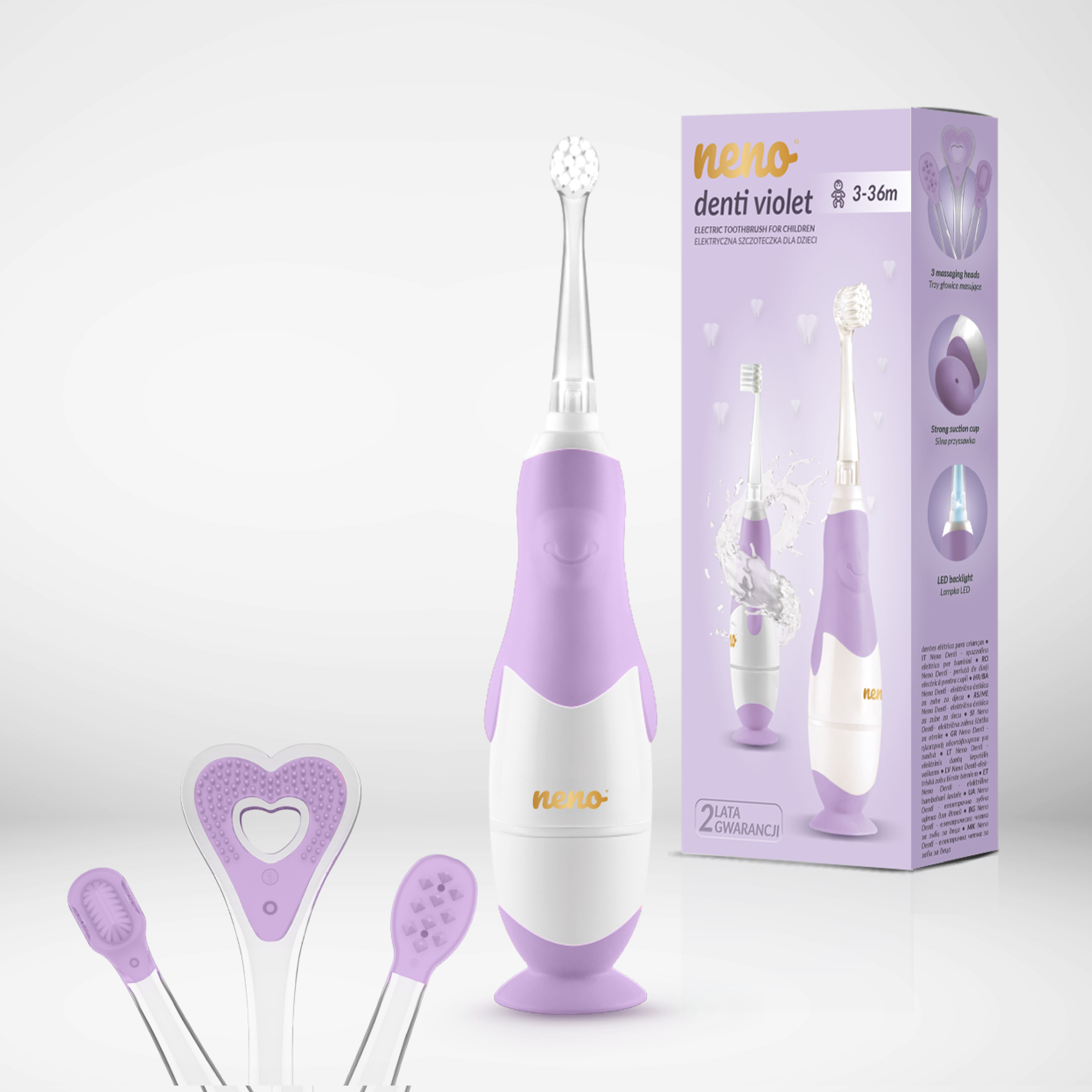 Lila Kinderzahnbürste mit drei Aufsätzen und passender Produktverpackung.