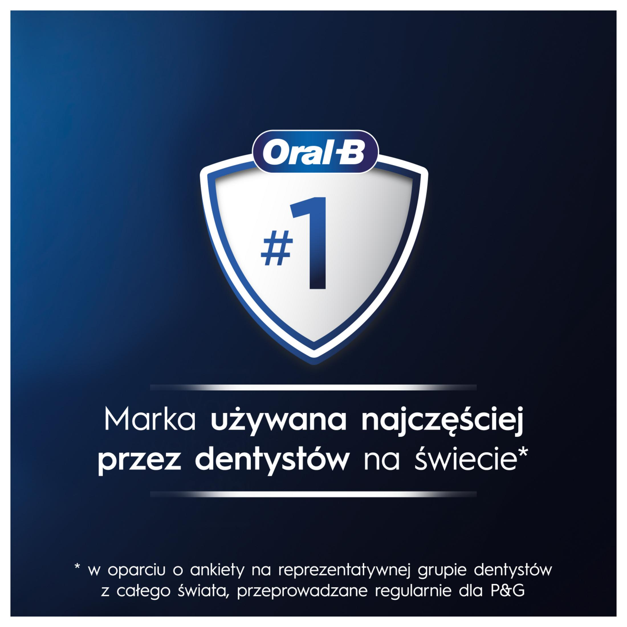 Logo Oral-B su sfondo blu con testo che indica che è il marchio numero uno utilizzato dai dentisti.