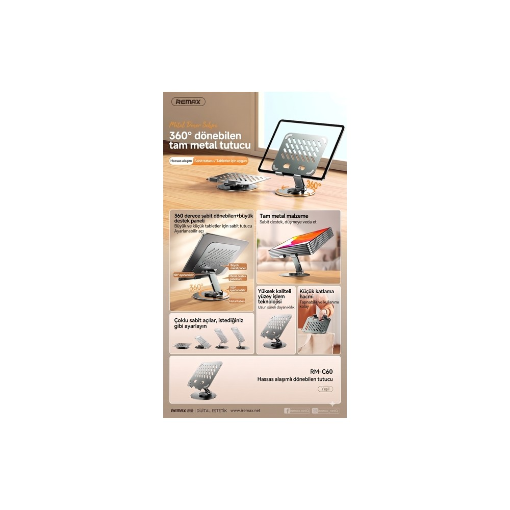 Çeşitli açılış görselleri ve açıklamaları bulunan 360 derece dönebilen metal tablet standı reklamı.