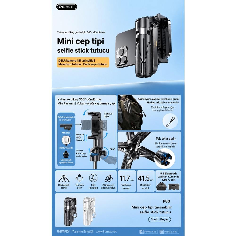 Ayarlanabilir tripod ve Bluetooth kumandalı mini cep tipi taşınabilir selfie stick tutucu ürün reklamı.