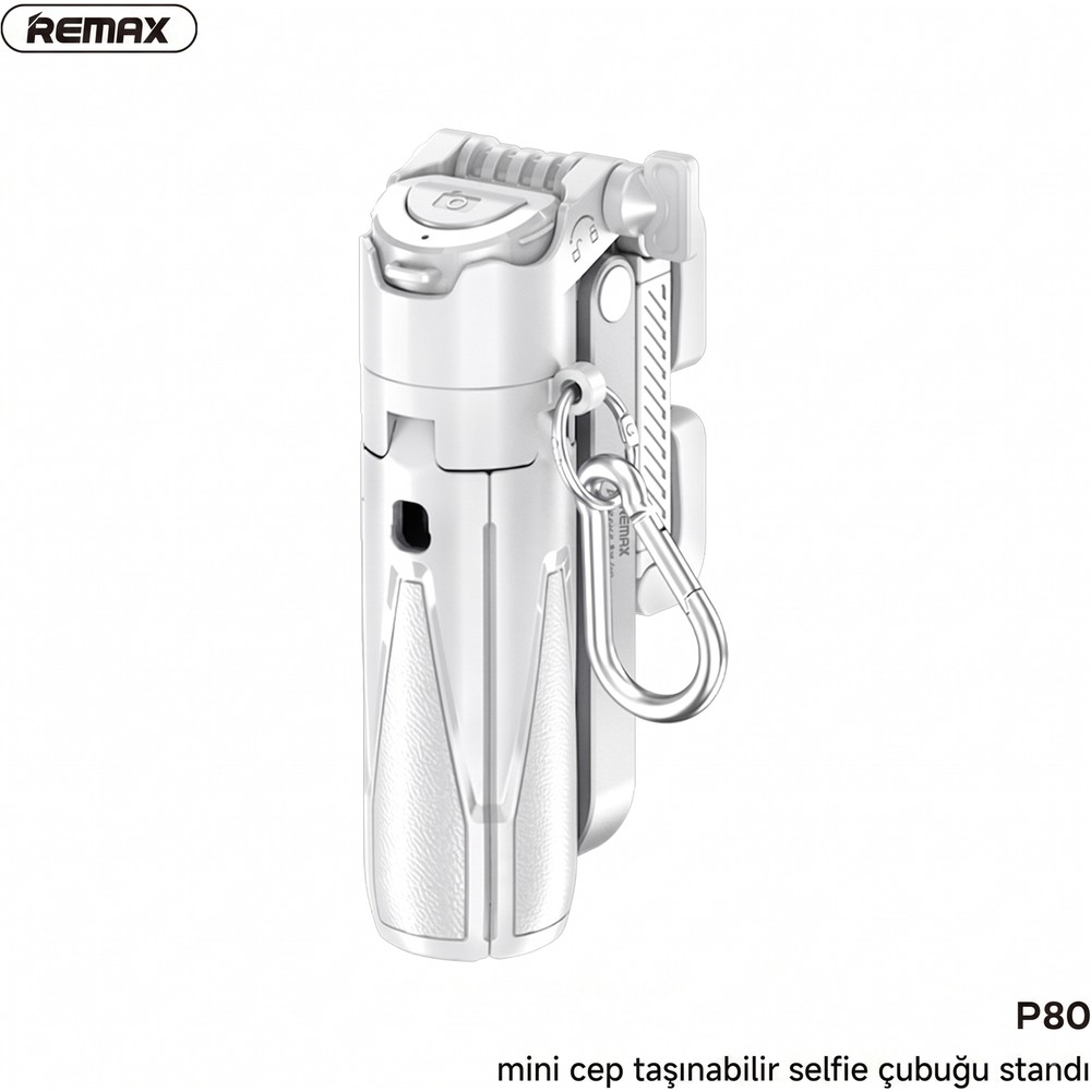 Beyaz arka planda tripod ve karabinalı, beyaz ve kompakt bir selfie çubuğu.