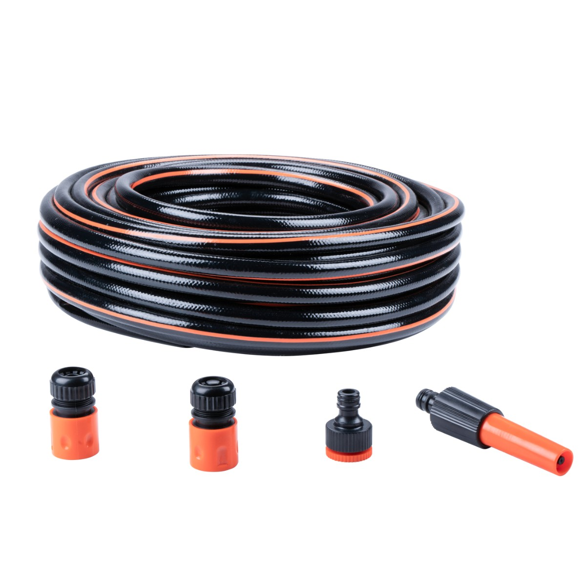 Coiled black garden hose with orange stripes and four accessories on a white background.