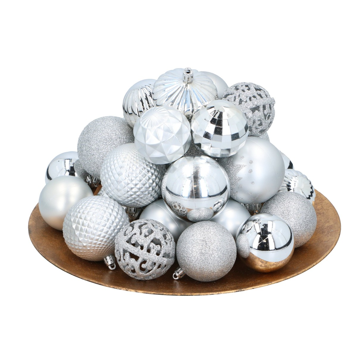 A gold plate is piled high with shiny and glittery silver Christmas ornaments in various patterns.