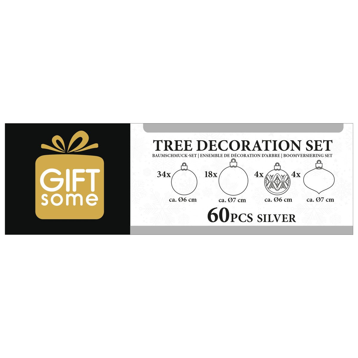 Packaging for a 60-piece silver Christmas tree decoration set by Gift Some.