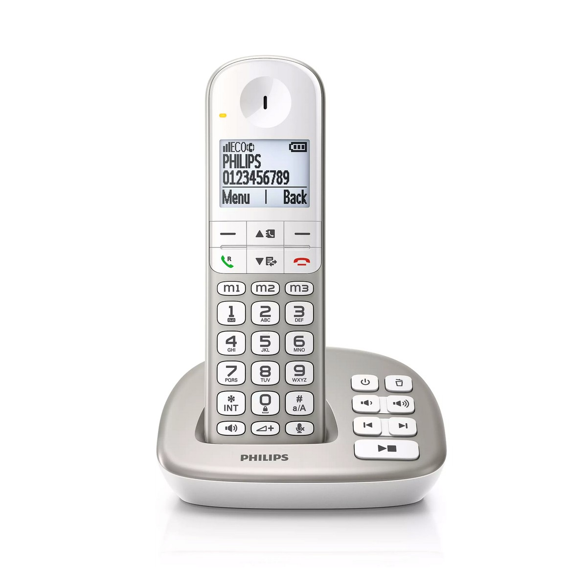Silbernes Philips Festnetztelefon mit Ladestation und großen Tasten.