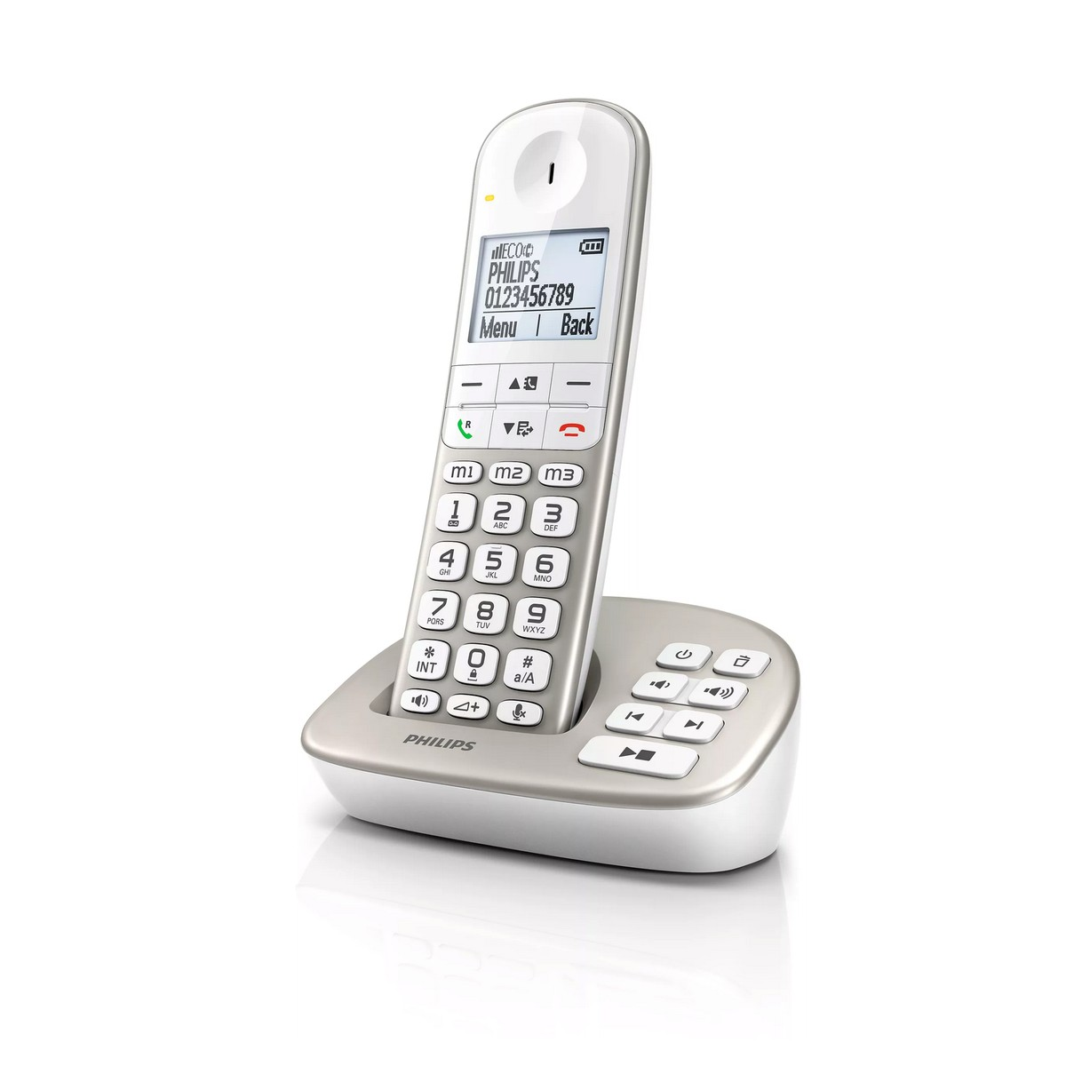 Ein silbernes und weißes schnurloses Festnetztelefon von Philips steht in seiner Ladestation.