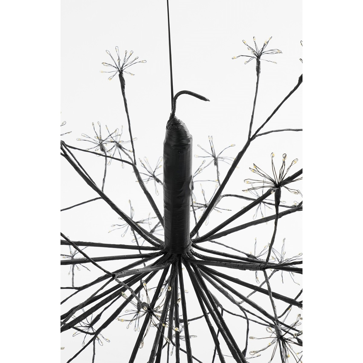 A black firework-shaped pendant light with multiple wired branches and small glowing bulbs on a white background.