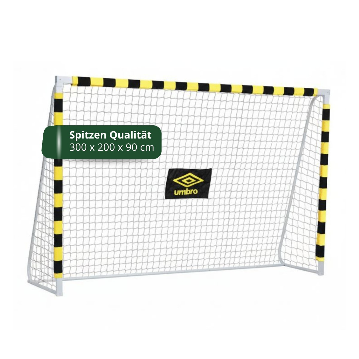 Umbro football goal with white net and yellow-black padded posts and logo.
