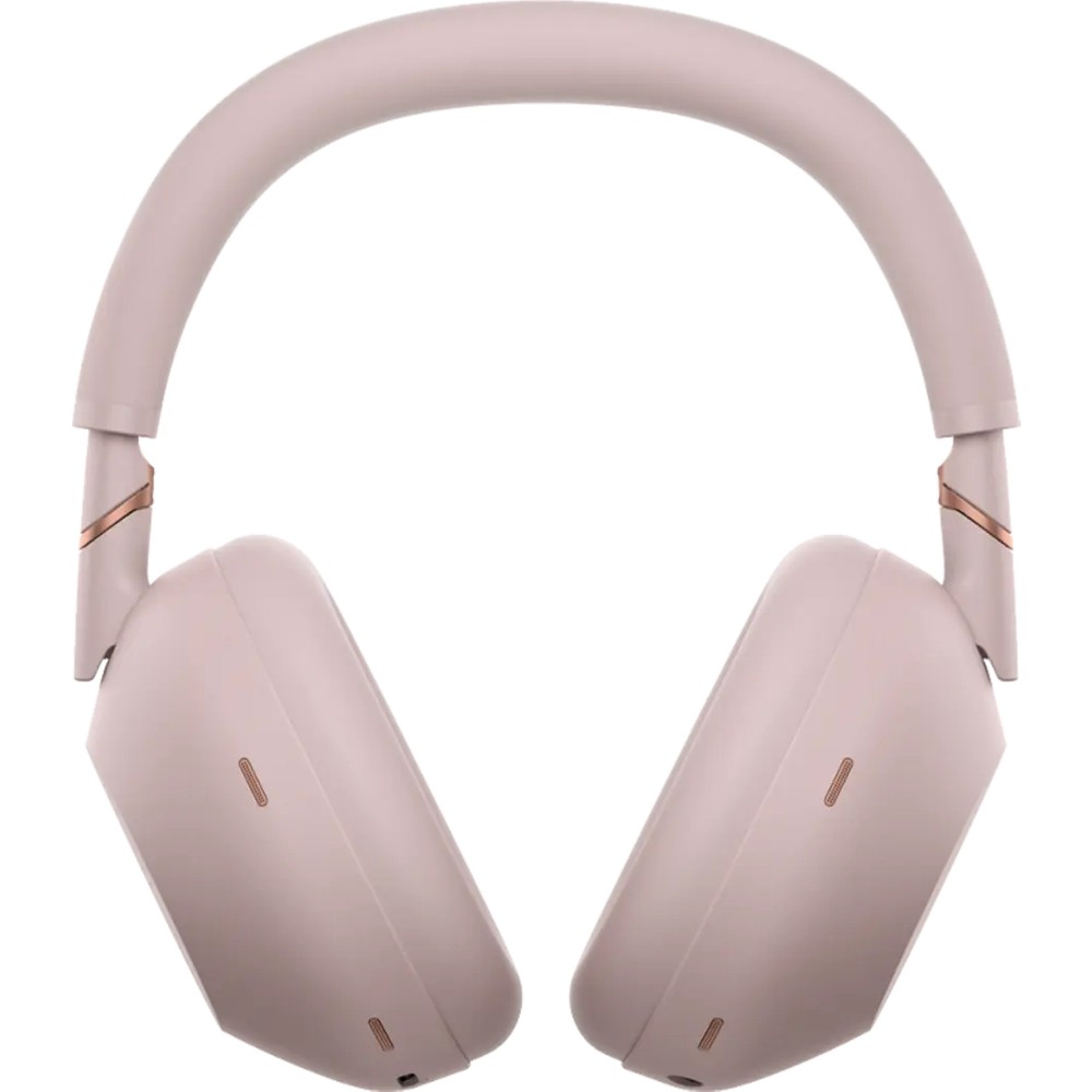 Cuffie over-ear rosa con dettagli in oro rosa su sfondo bianco.