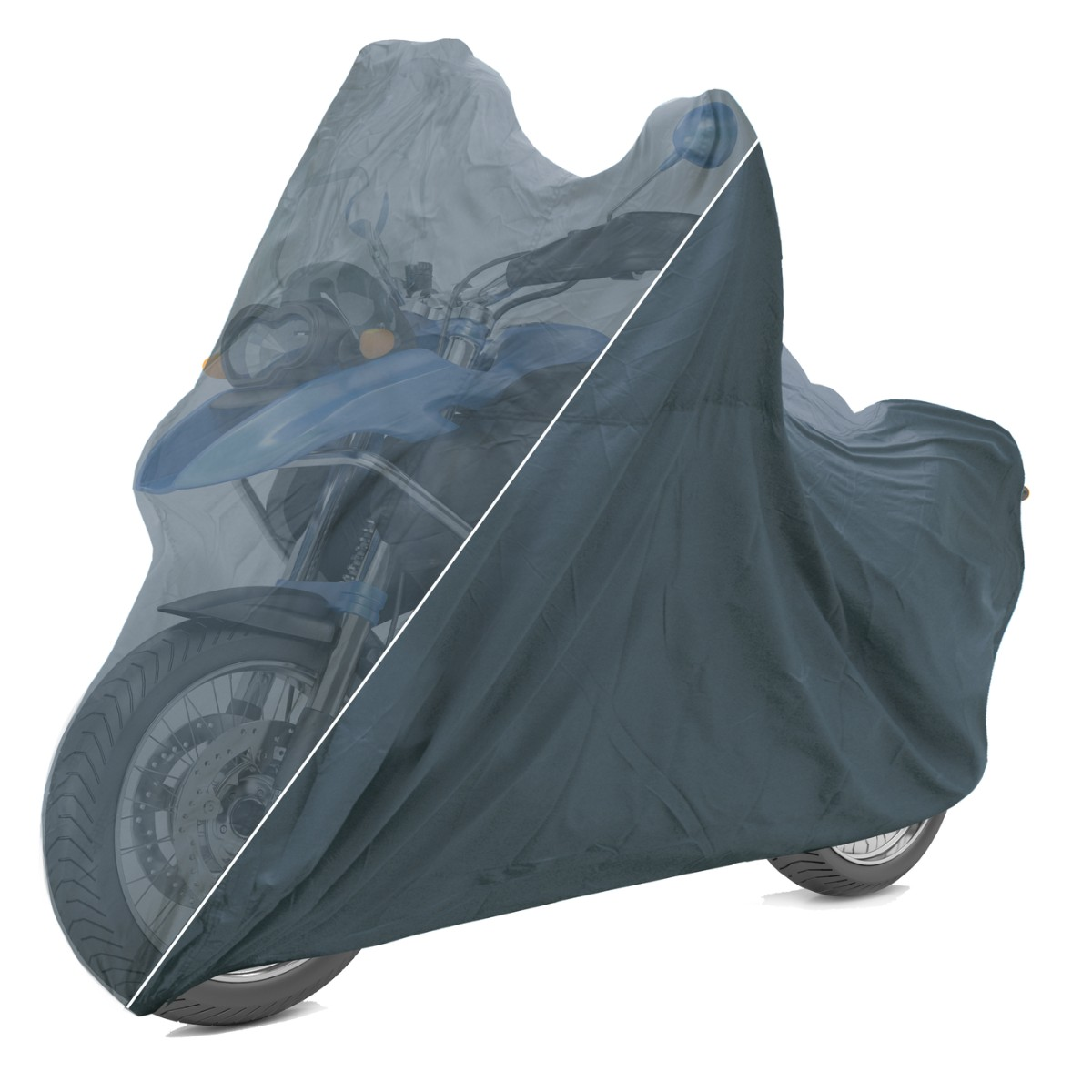 Een motorfiets is gedeeltelijk bedekt met een donker, semi-transparant zeil op een witte achtergrond.
