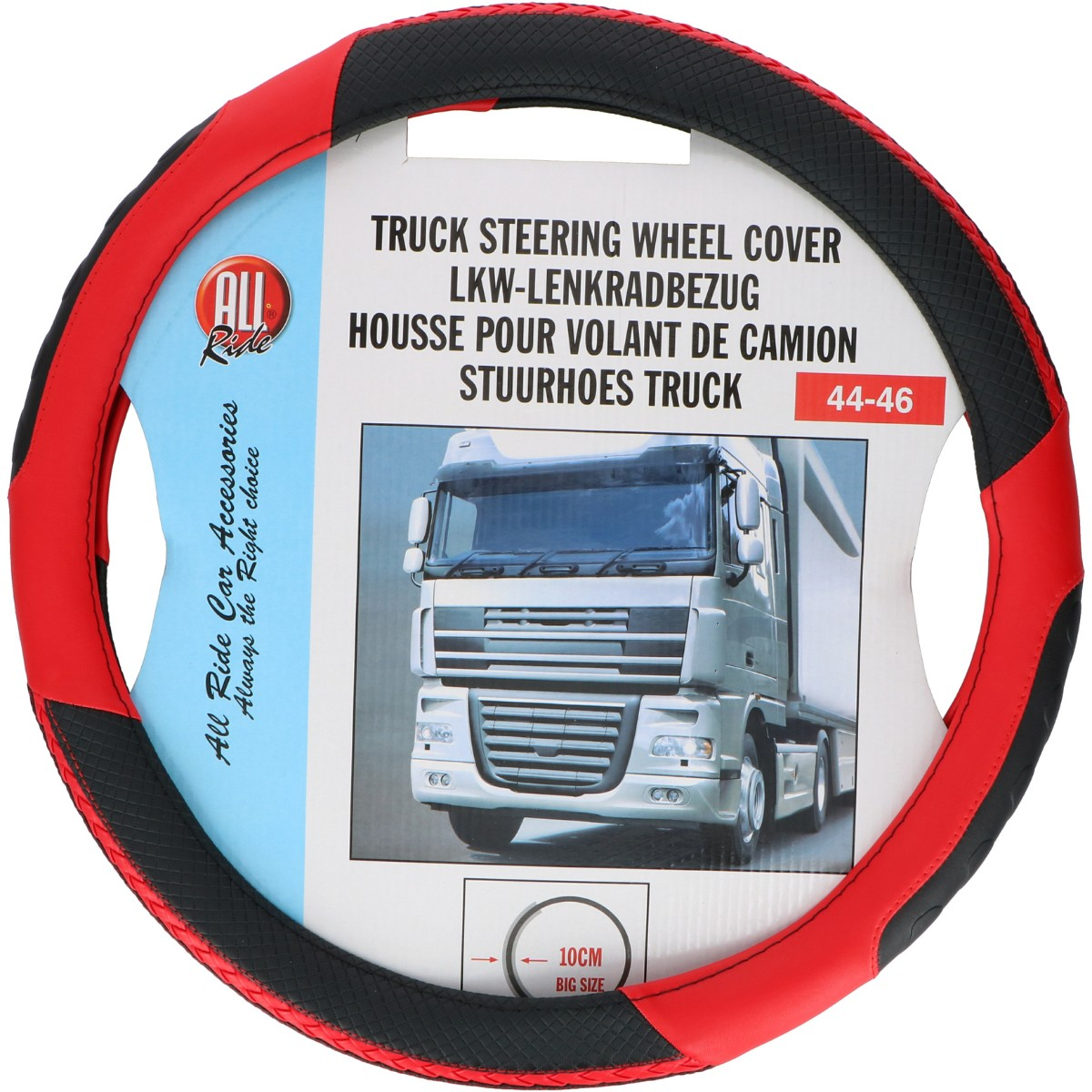Red and black truck steering wheel cover in packaging with a truck photo.