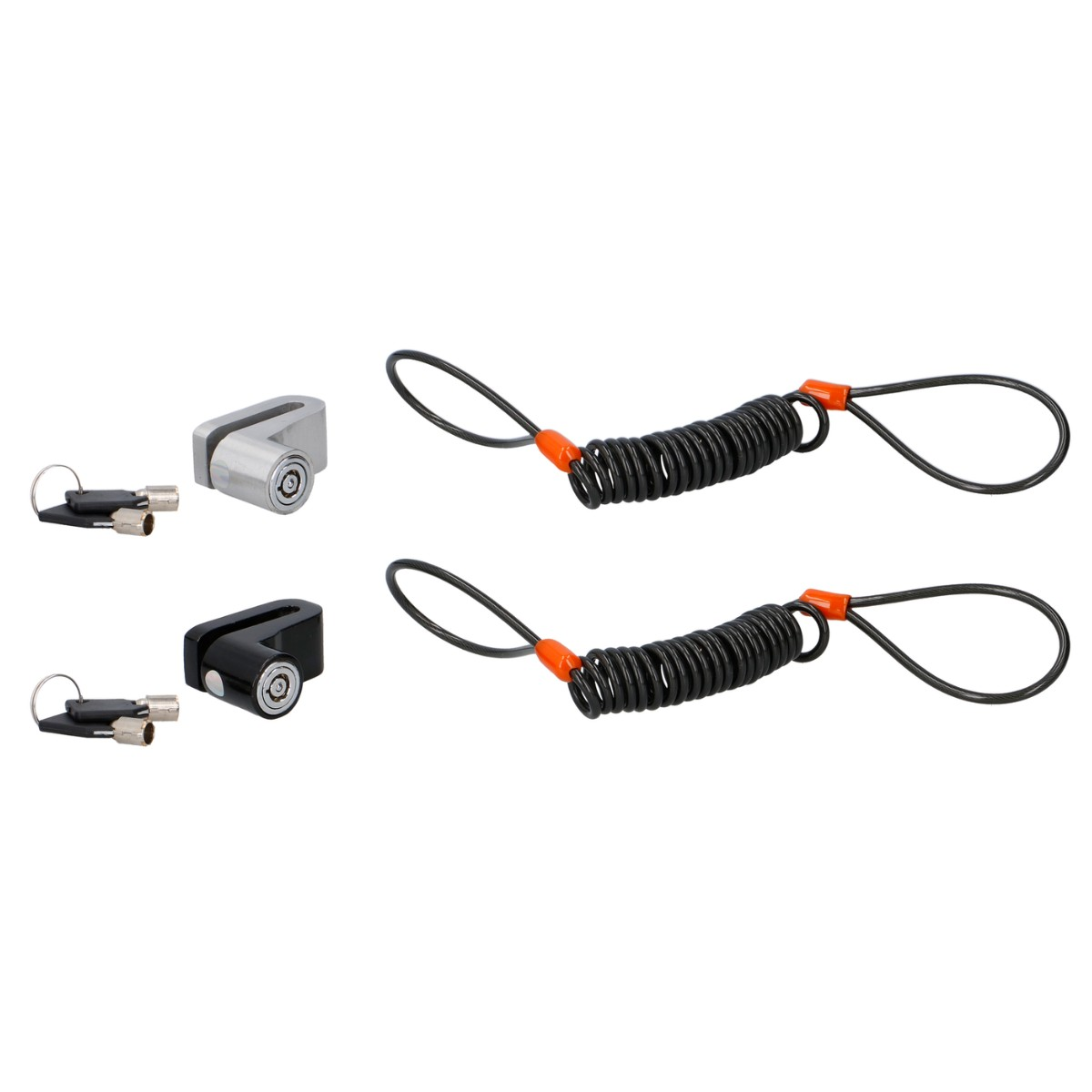 Two motorcycle disc locks with keys and coiled reminder cables on a white background.