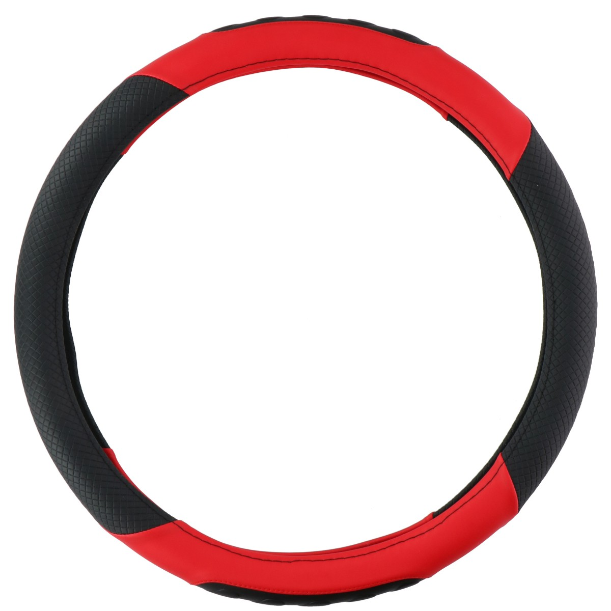 A black and red steering wheel cover on a white background.