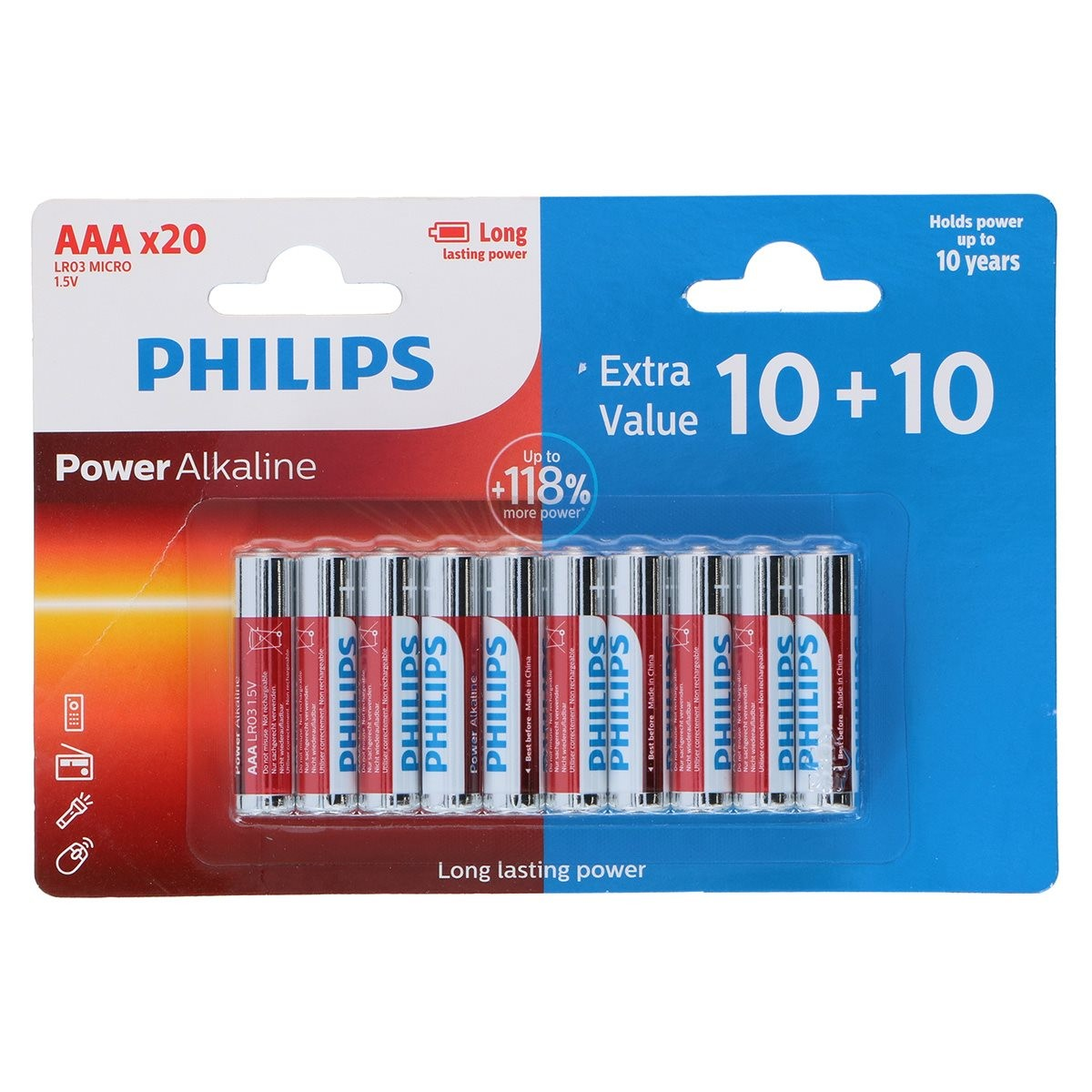 Un blister de vingt piles alcalines AAA Philips sur fond rouge et bleu.