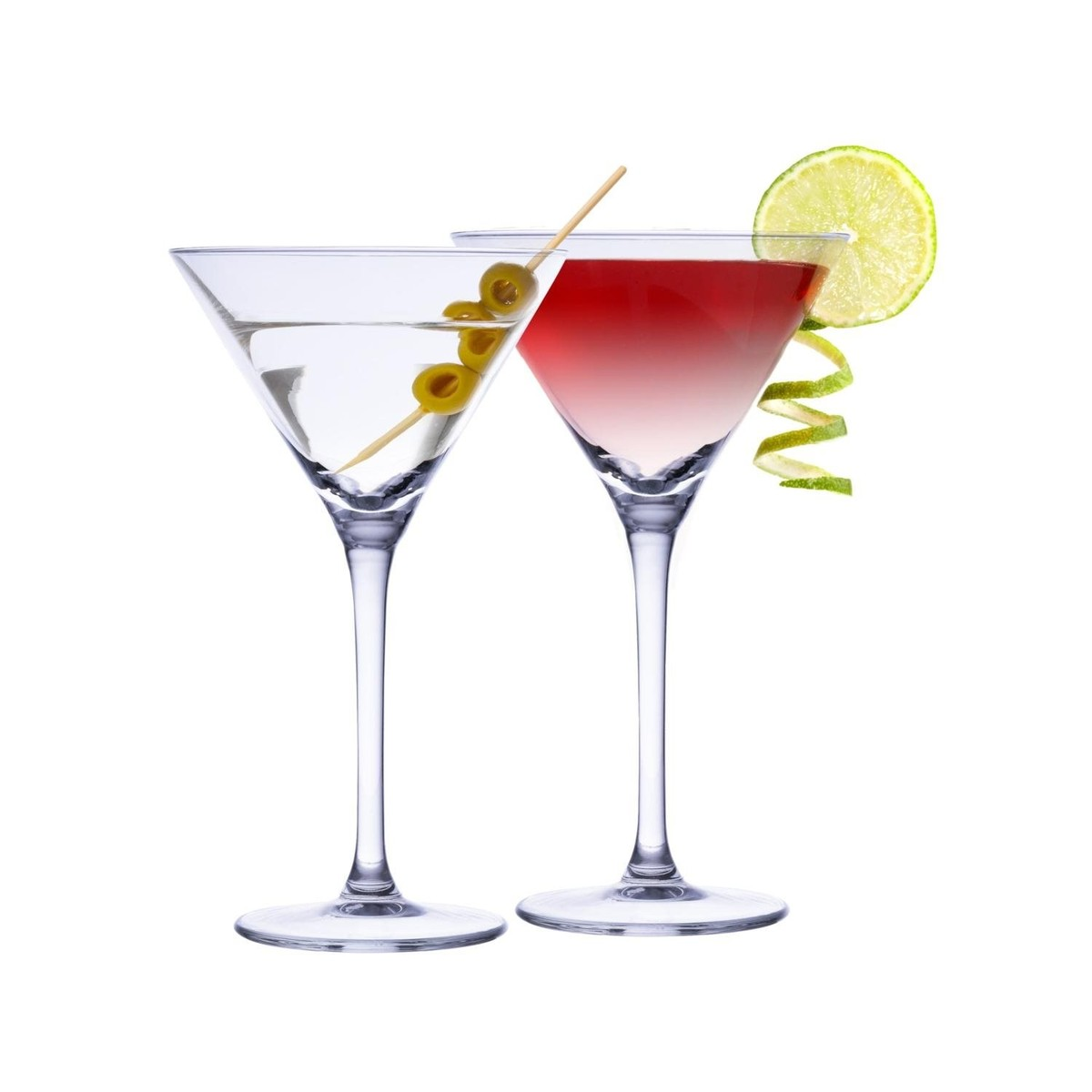 Two martini glasses on white background, one with olives and clear liquid, the other with red liquid and lime.