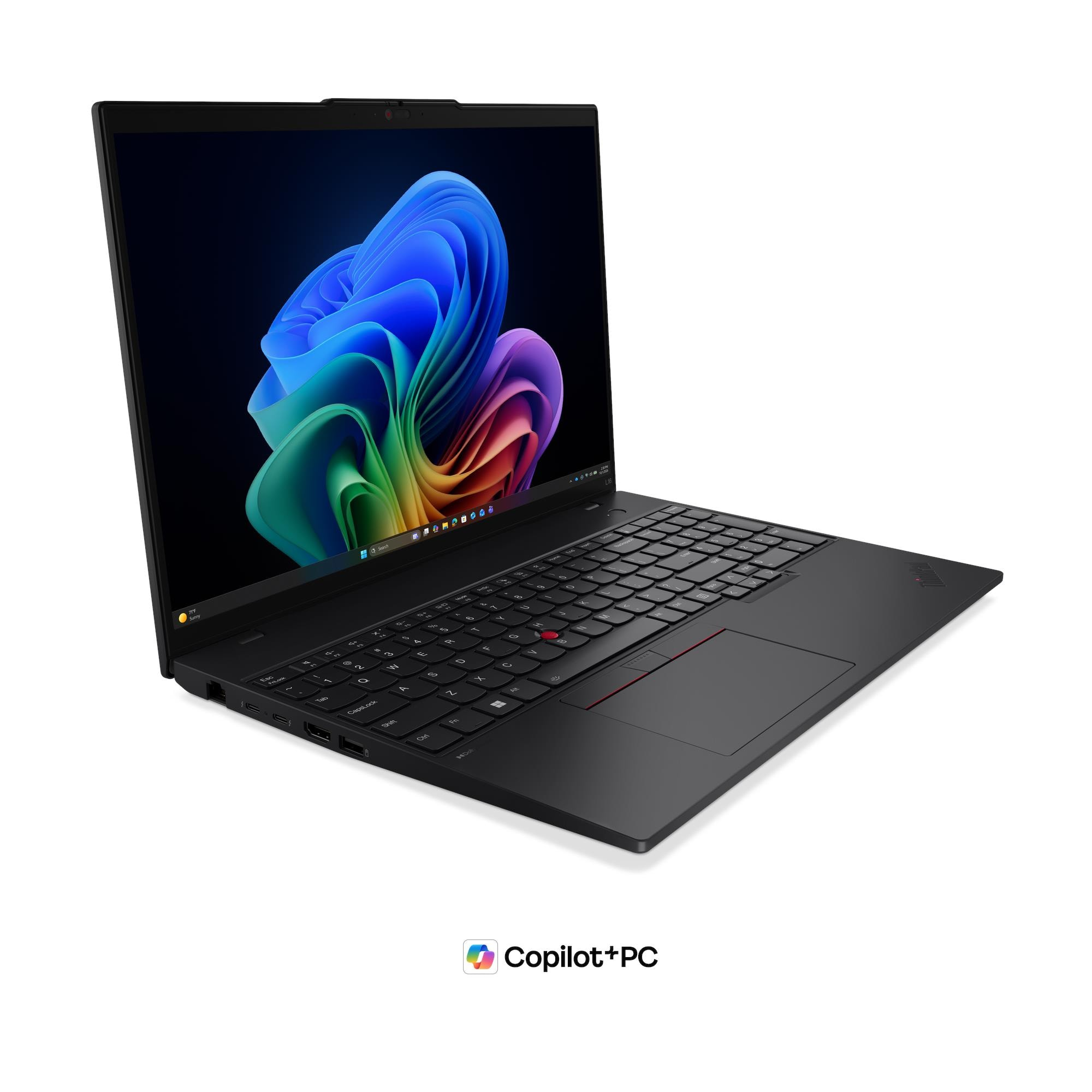 Un computer portatile nero mostra uno sfondo astratto blu e viola vibrante sullo schermo su uno sfondo bianco.