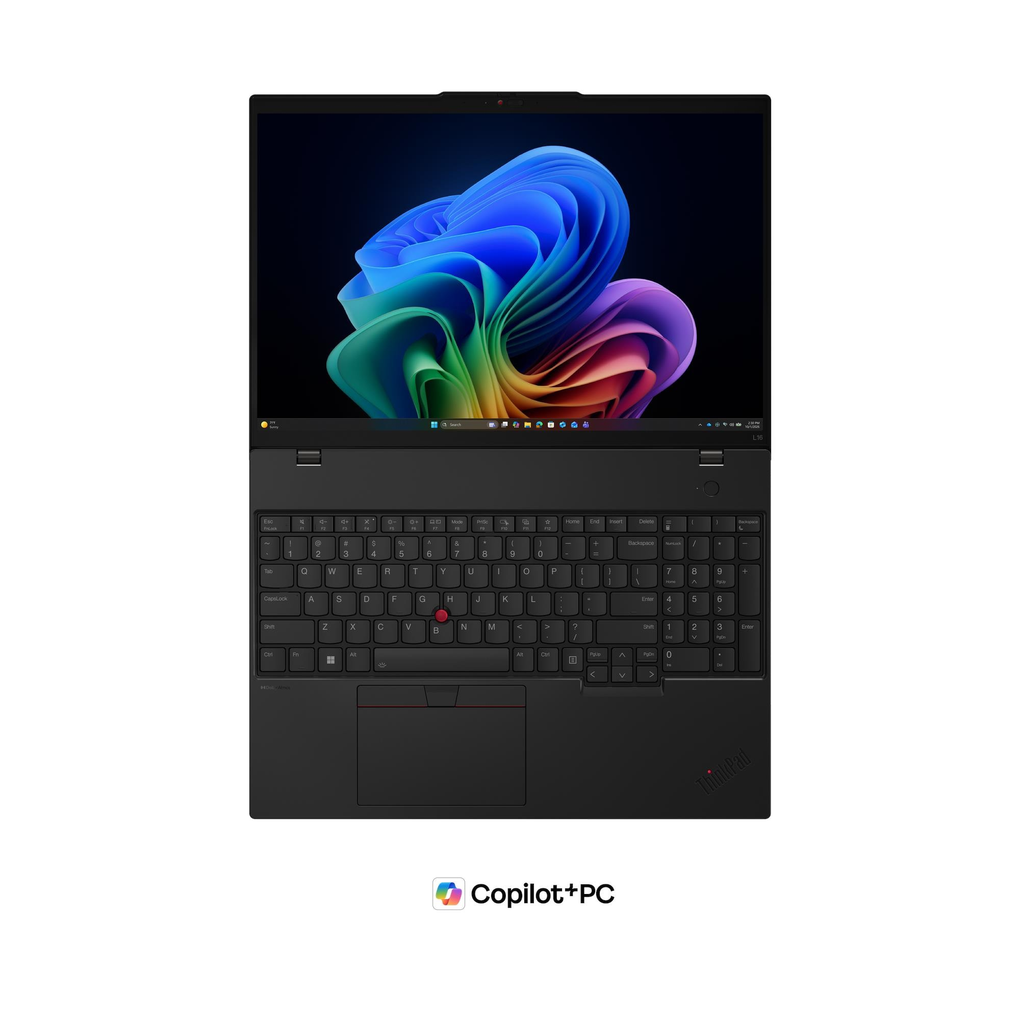 Un computer portatile nero con schermo aperto mostra un motivo ad onda astratto colorato e una tastiera nera.