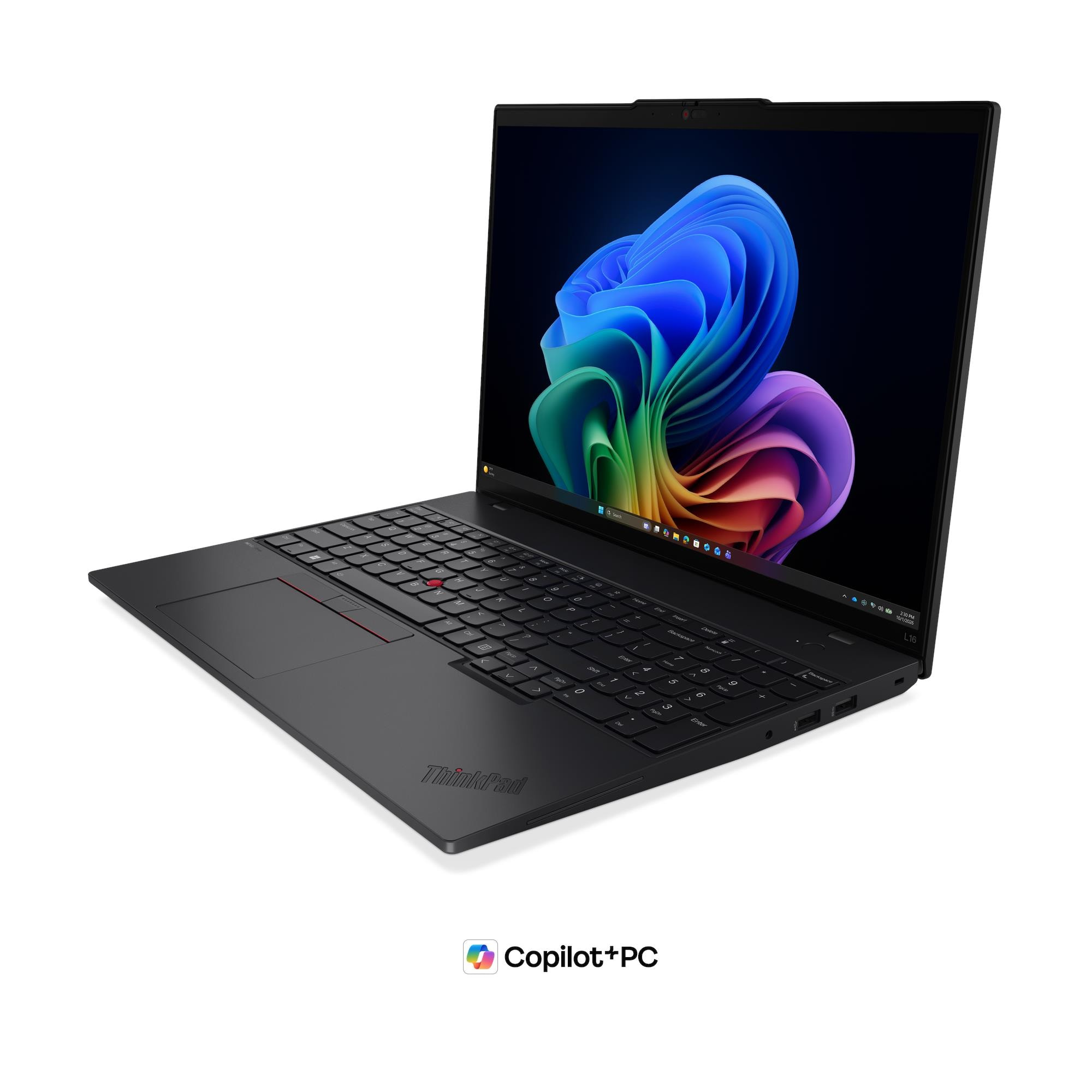 Un laptop Lenovo ThinkPad nero con uno sfondo colorato sullo schermo e un tastierino numerico.