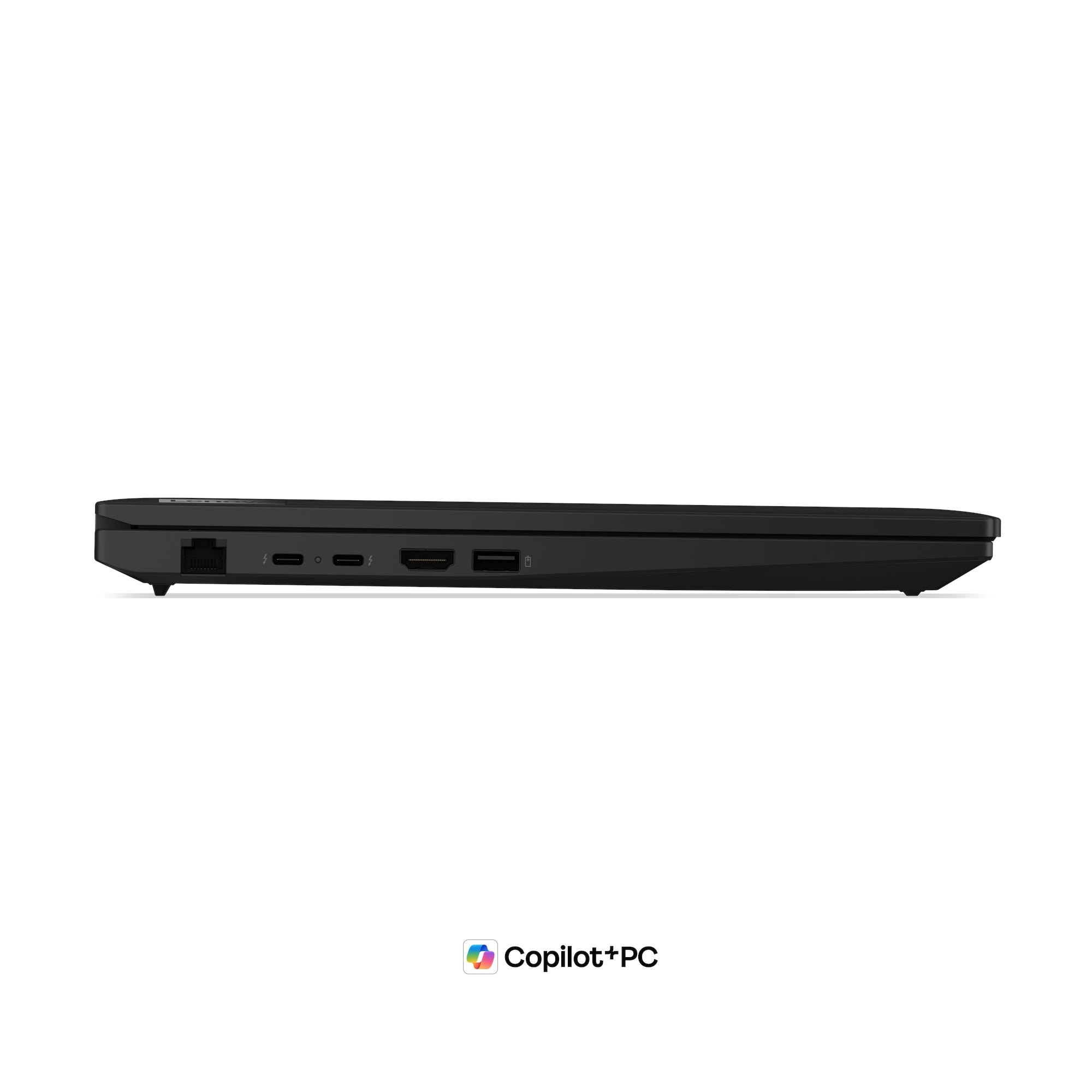 Lato sinistro di un laptop nero chiuso con varie porte e logo Copilot+PC.