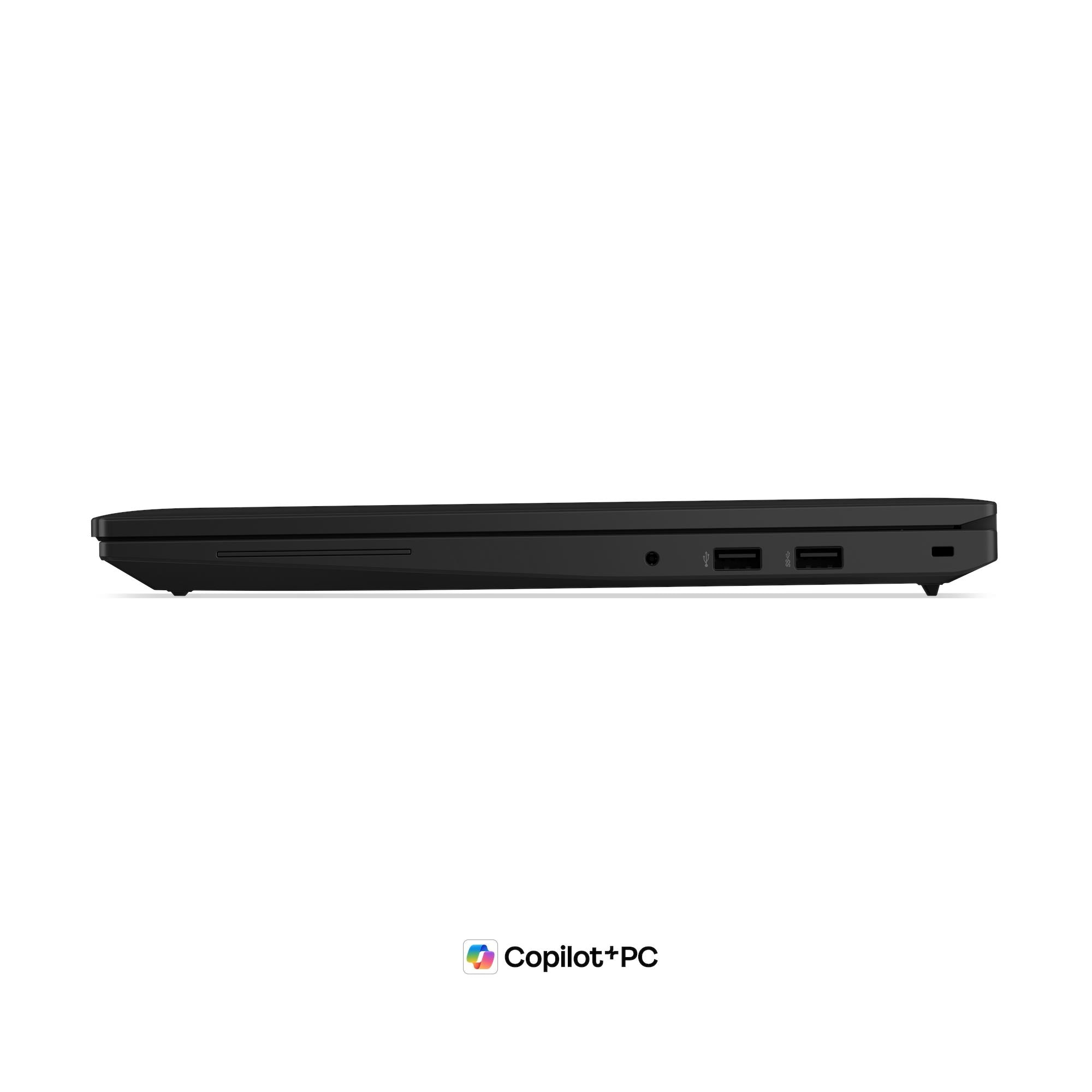 Vista laterale di un laptop nero chiuso che mostra le porte USB e il jack audio su sfondo bianco.