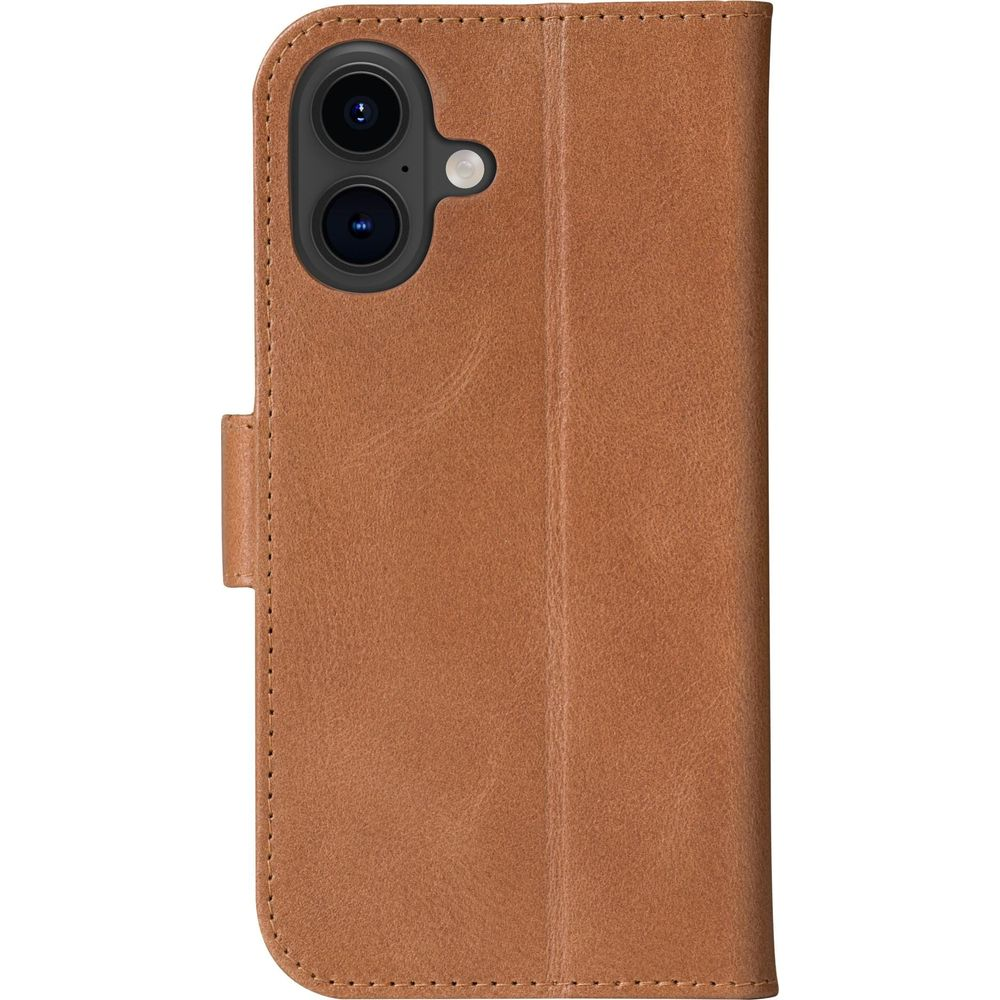 Custodia a libro in pelle marrone per smartphone con doppia fotocamera e flash.