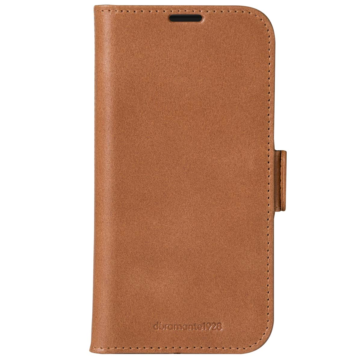 Custodia per cellulare in pelle marrone chiusa con cuciture visibili e piccolo logo in rilievo.