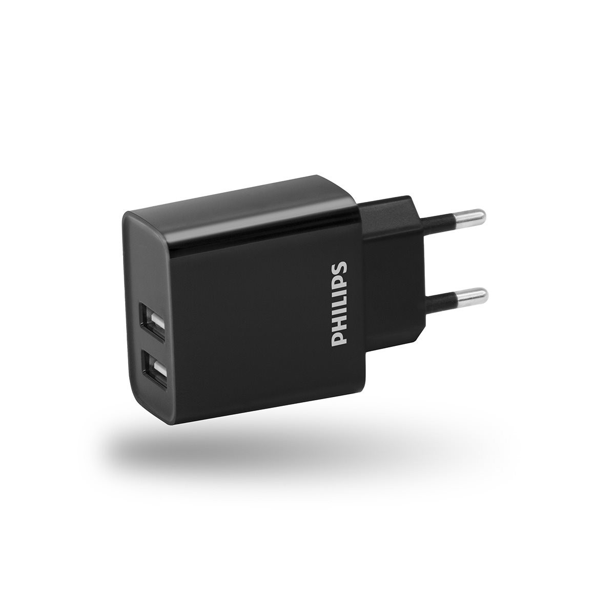 Black Philips USB charger with two ports on a white background.