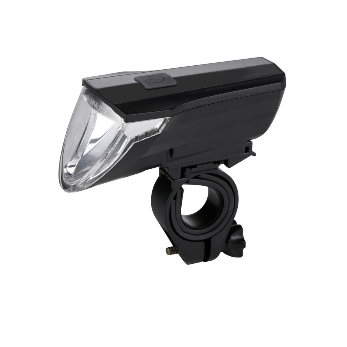 Zwarte led-fietskoplamp met geïntegreerde stuurbevestiging en transparante lens op een witte achtergrond.
