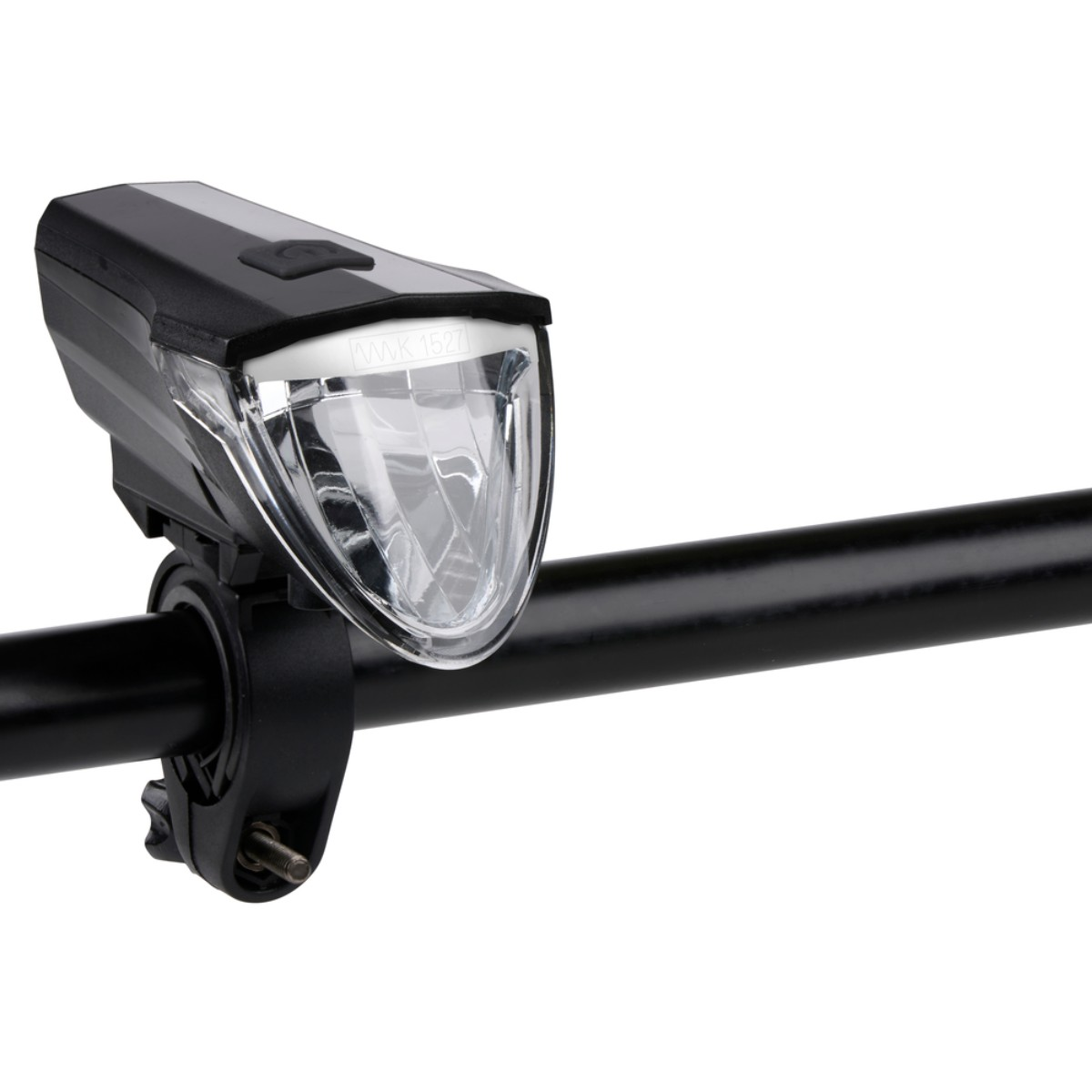 Zwarte led-fietskoplamp gemonteerd op een stuur.