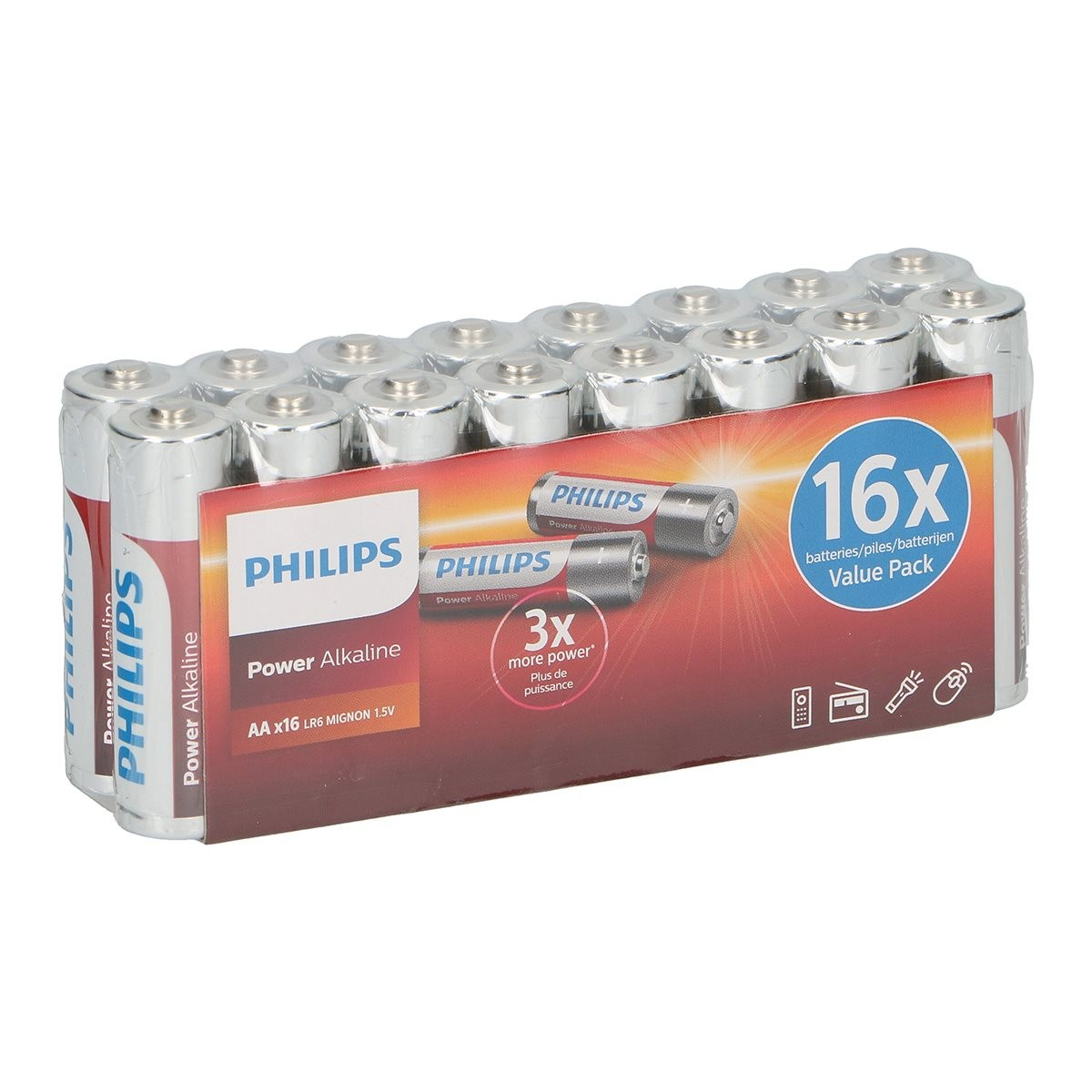 Een pak van 16 Philips Power Alkaline AA-batterijen in plasticfolie met rood-witte kartonnen hoes.