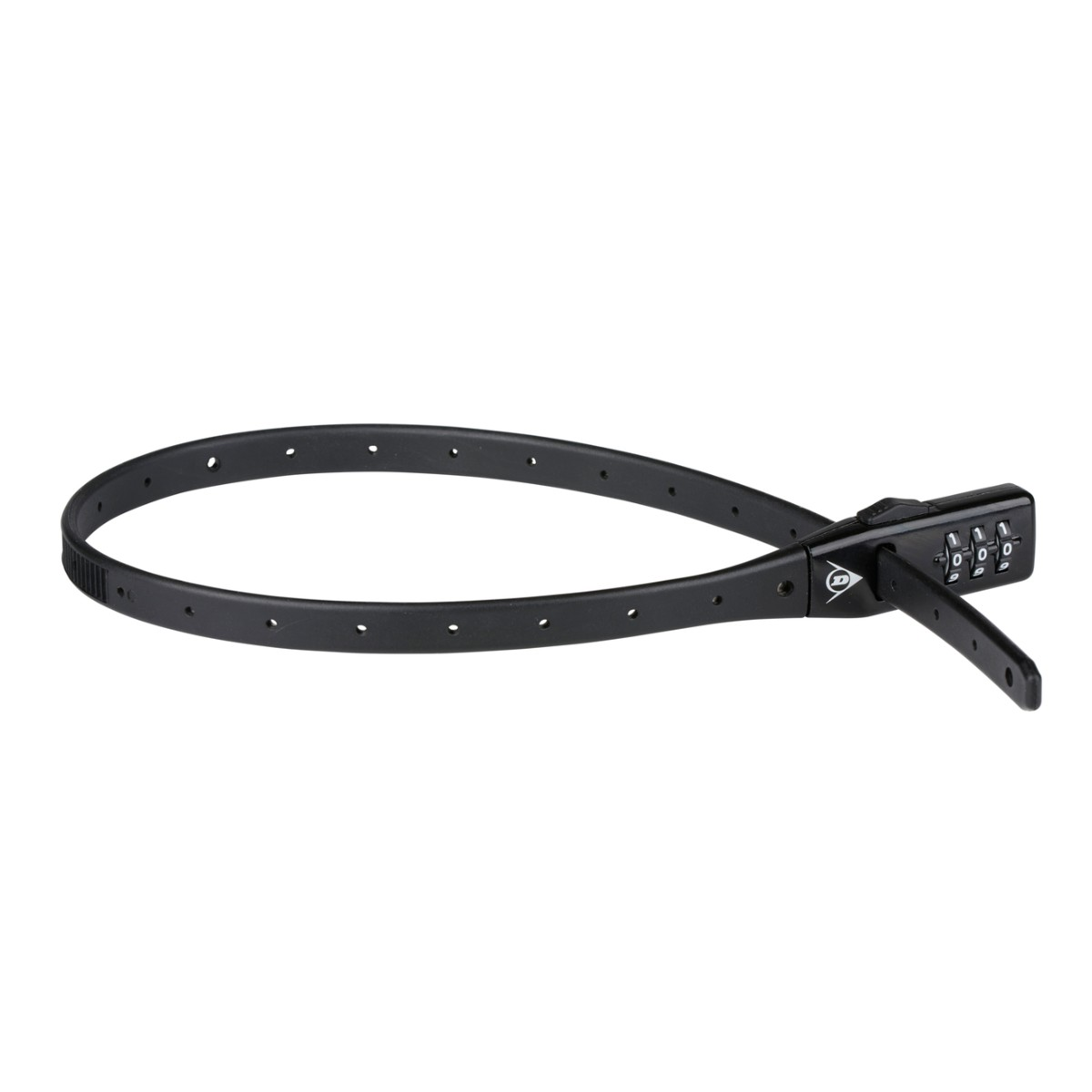 A black plastic strap lock with an adjustable band and a three-digit combination lock on a white background.