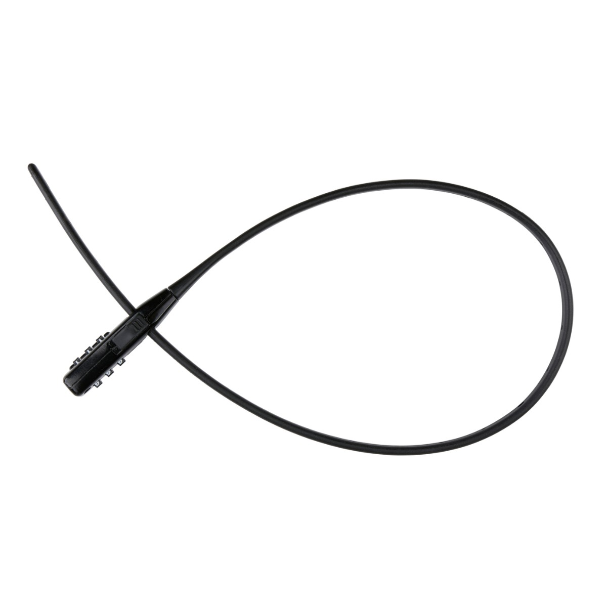 A black combination lock with a flexible cable on a white background.
