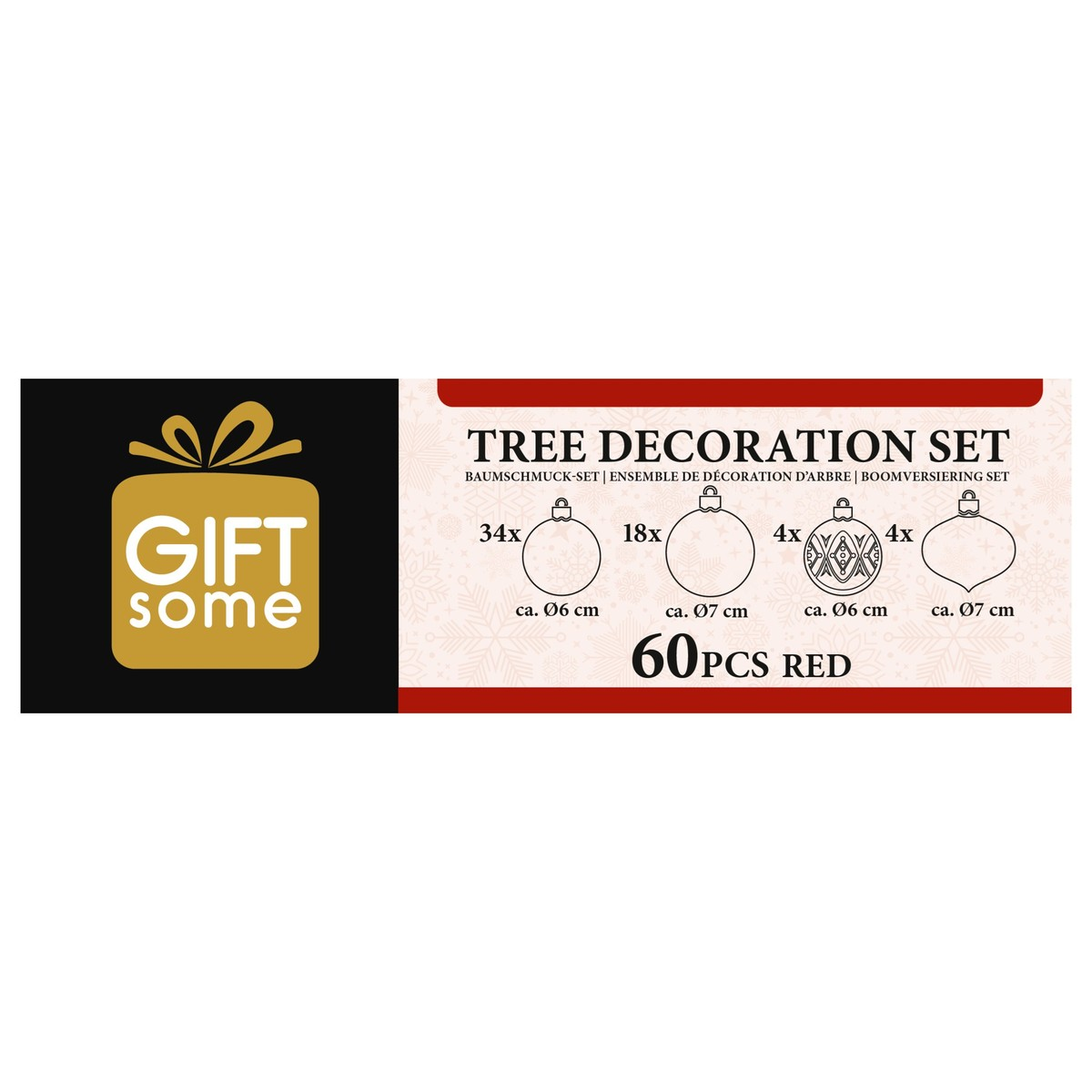 Packaging for a 60-piece red Christmas tree decoration set, showing counts and sizes of different ornaments.