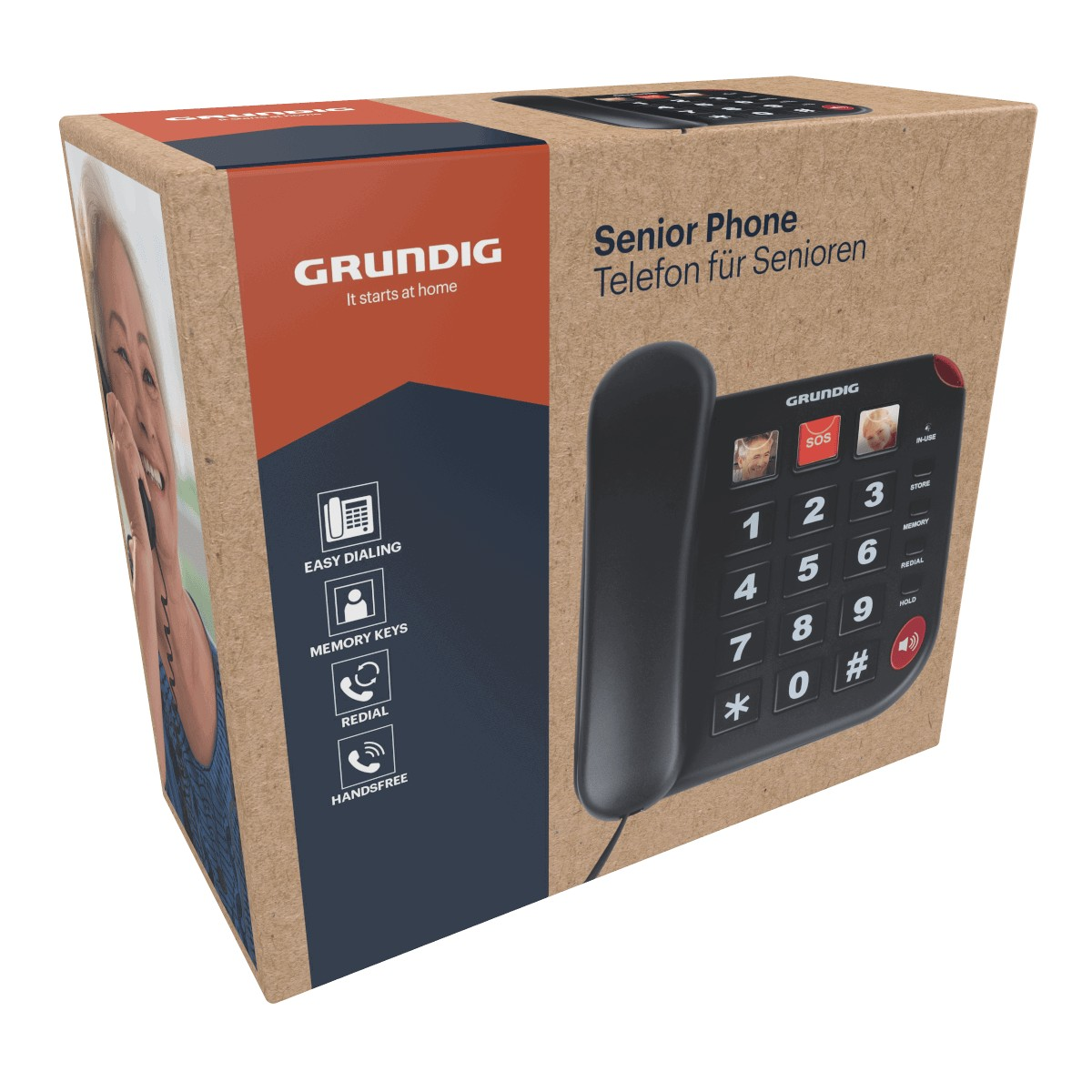 Productdoos van een Grundig seniorentelefoon met grote knoppen en fototoetsen.