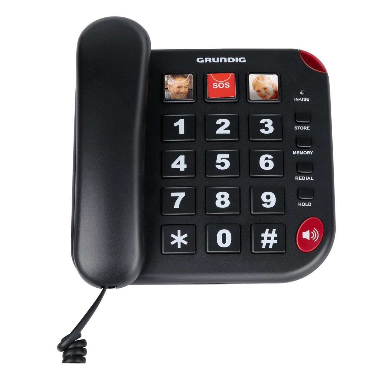 Een zwarte Grundig telefoon met grote knoppen, SOS-knop en fototoetsen op een witte achtergrond.