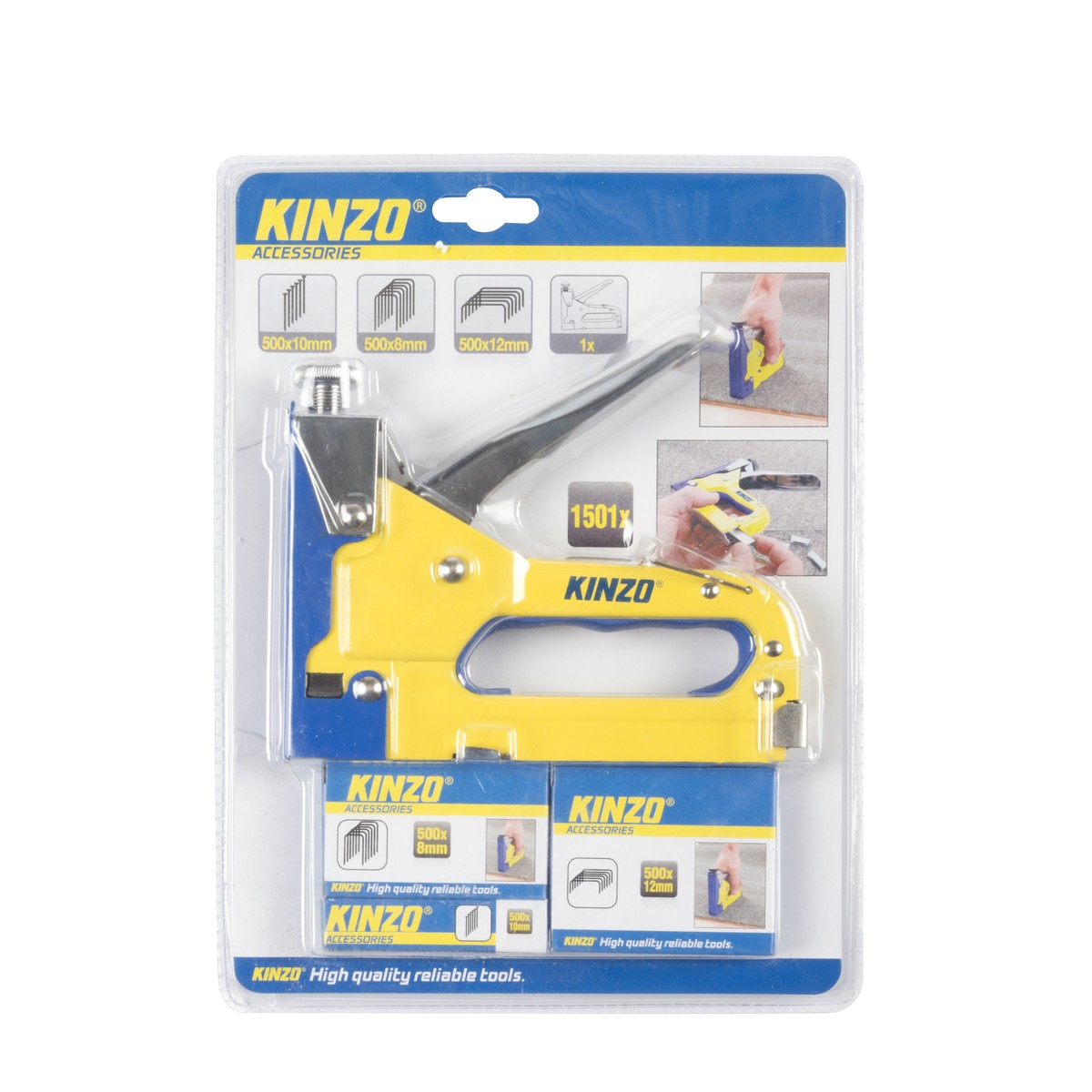 Verpakt geel-blauwe Kinzo nietpistool met nietjes.