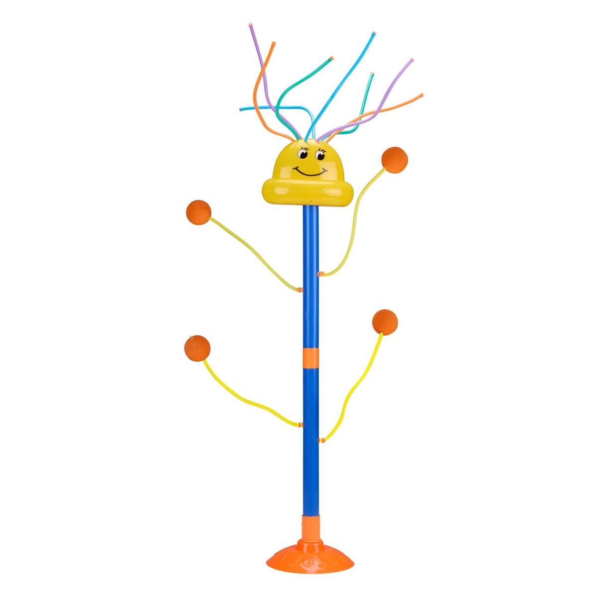 Colorful water sprinkler with a yellow smiling face, blue pole, and orange balls on a white background.