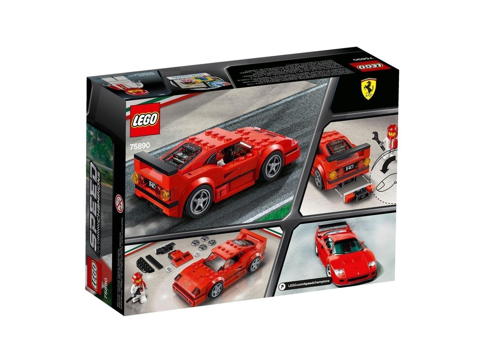 Rückseite einer roten LEGO Speed Champions Ferrari F40 Setverpackung mit Bildern des Autos.