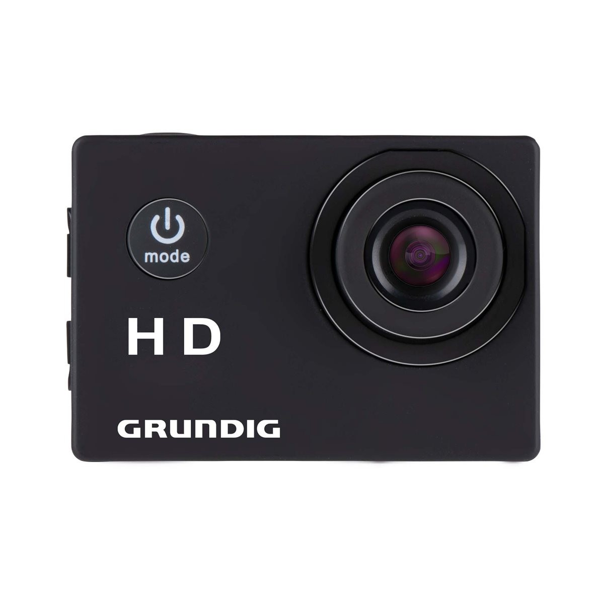 Una cámara de acción Grundig HD negra sobre fondo blanco con botón de encendido y lente.