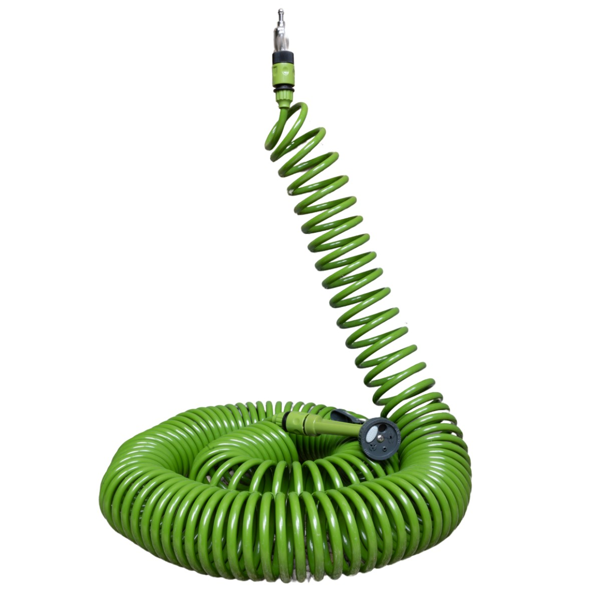 A green coiled garden hose with a nozzle and connector against a white background.