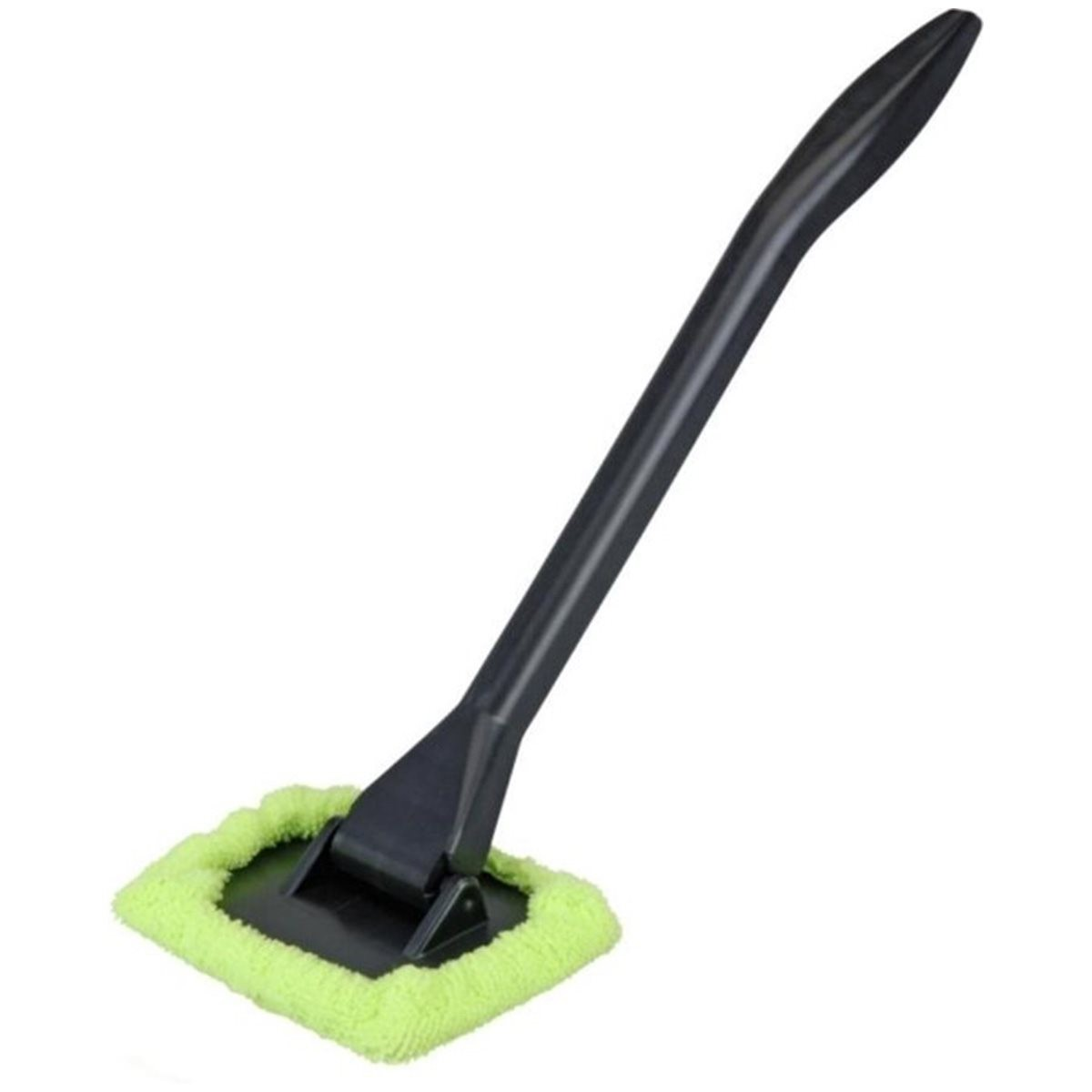 Uno strumento nero per la pulizia dei vetri con manico lungo e tampone in microfibra verde brillante.