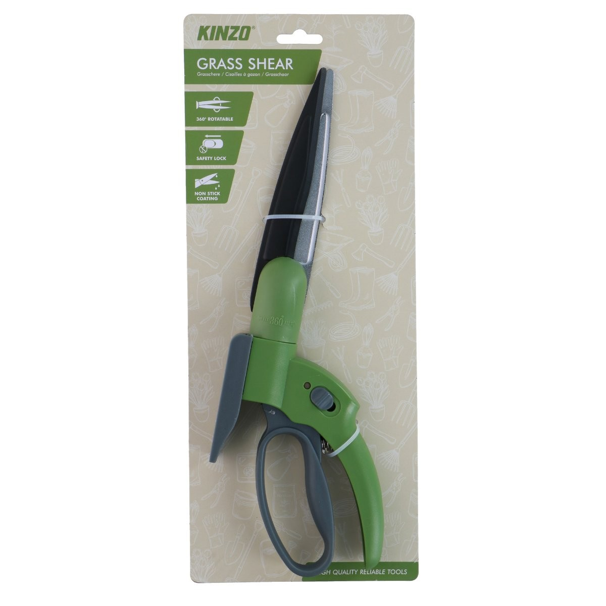 Grüne Kinzo-Grasbügelschere in Originalverpackung auf hellgrauem Hintergrund.