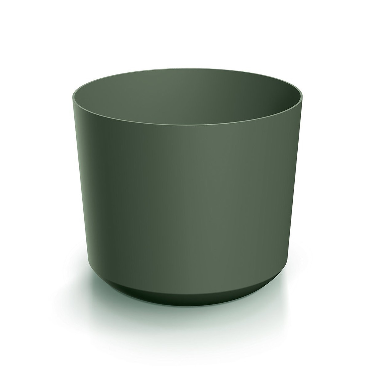 A simple, round, olive-green plant pot on a white background.