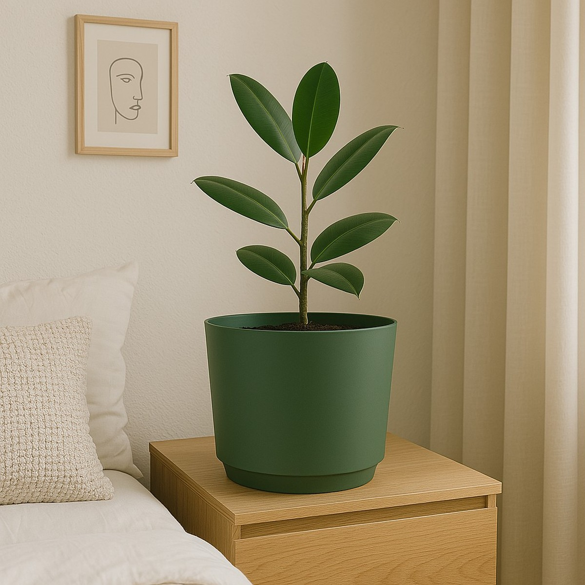 A green houseplant in a round pot on a nightstand beside a bed.