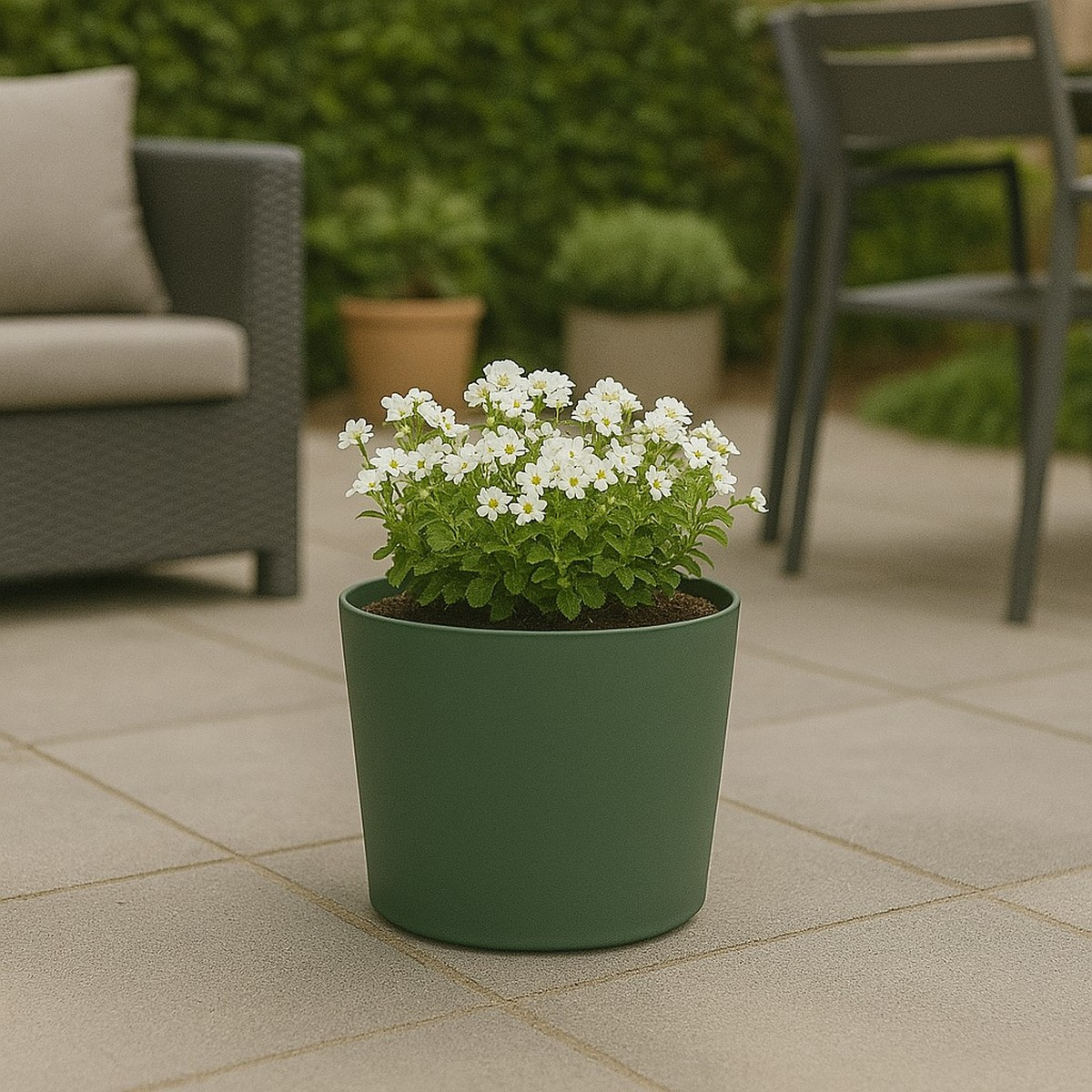 Green pot with small white flowers on a stone patio in a garden with chairs and hedge.