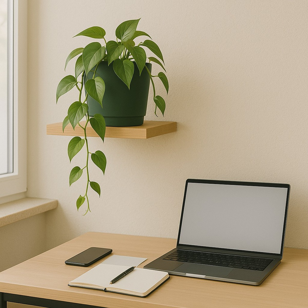 A desk with an open notebook, pen, smartphone, and laptop. Above, a potted plant sits on a floating wooden shelf.